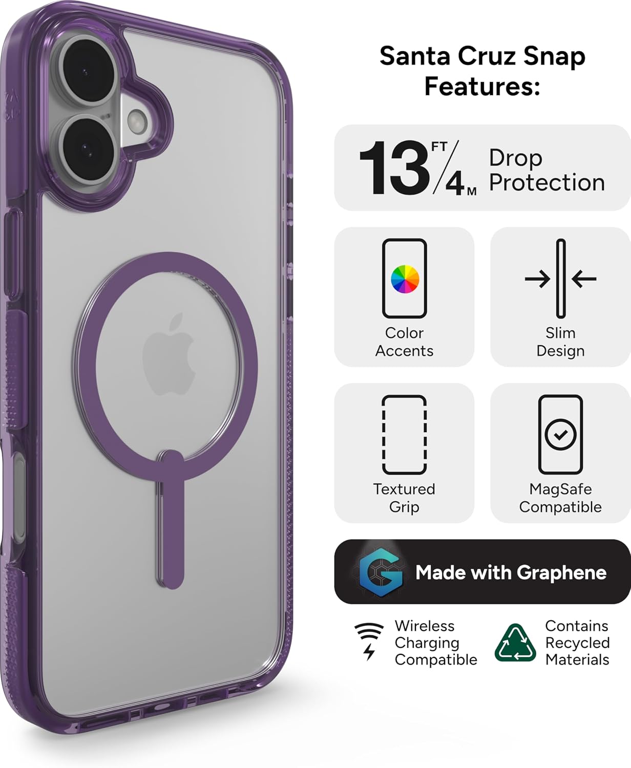 ZAGG Santa Cruz Snap with Kickstand Case for iPhone 16 Plus – MagSafe Compatible, 13ft Military-Grade Drop Protection, Reinforced with Graphene, Slim Clear Case with Color Accents, Hyacinth Purple