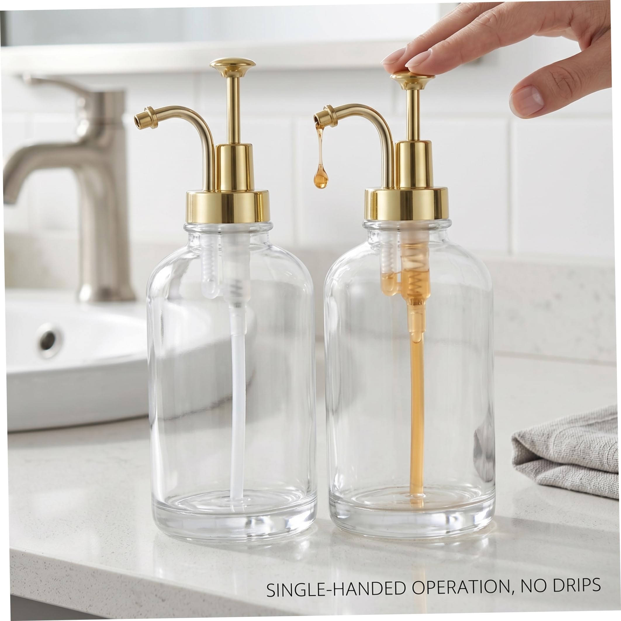 2er-Pack Seifenspender-Set aus Glas, nachfüllbare Hand- und Spülmittelspender mit goldfarbener Metallpumpe, durchsichtige Flaschen, ideal für Küche und Badezimmer, Gold