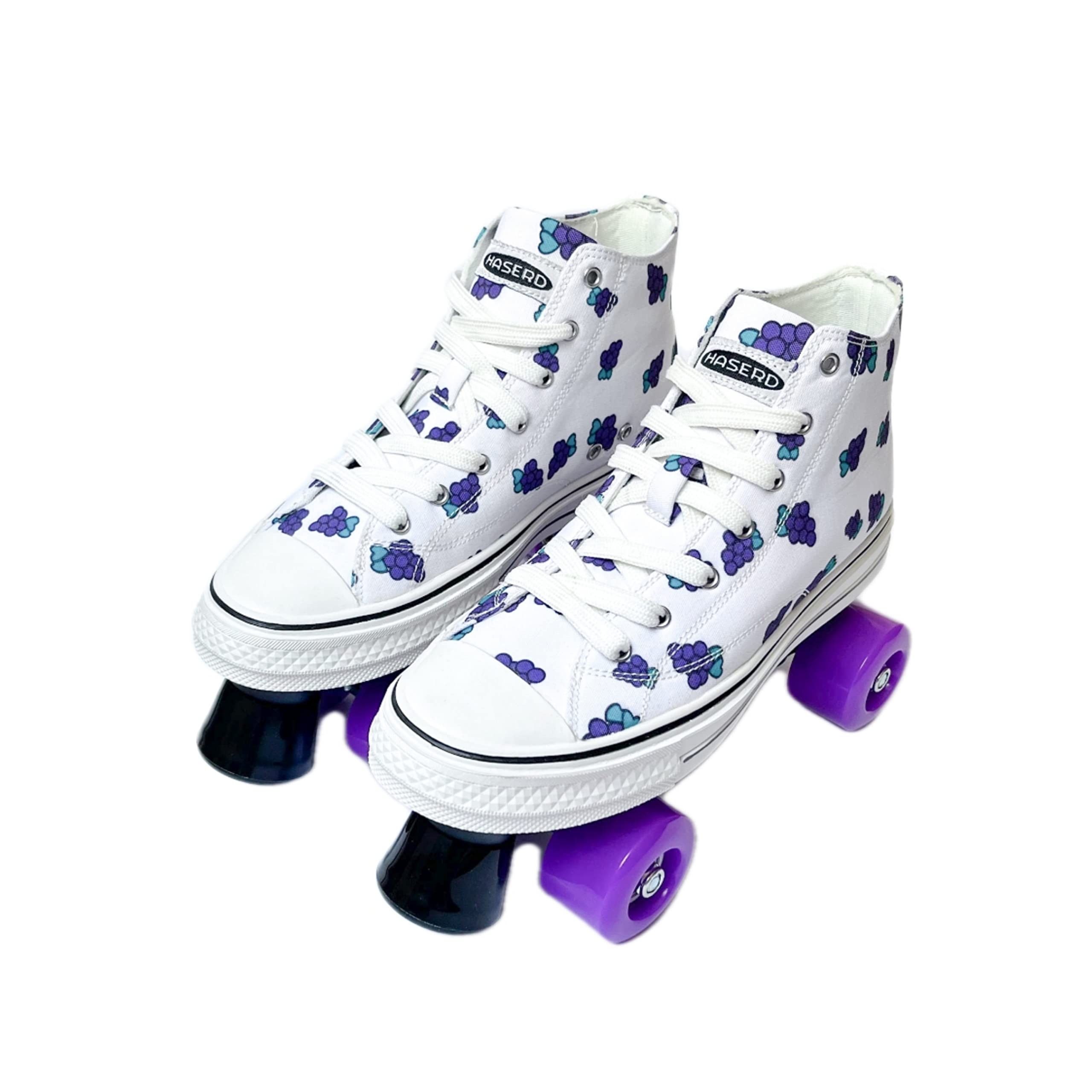 HASERD Roller Skates for Women with Bags- Adjustable Double Row Canvas Roller Skates for Girls Strawberry and Pineapple Themed Design- Quad Wheel High Top Canvas Sneaker Style (Grapes, 7.5)