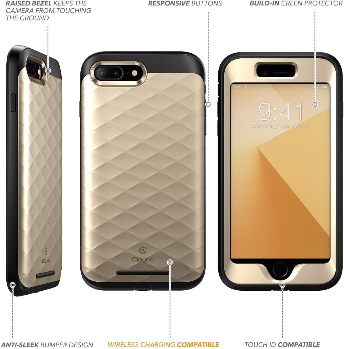 Clayco iPhone 8 Plus Case, Hera Series Full-Body Rugged Case with Built-in Screen Protector Compatible with Apple iPhone 7 Plus 2016 / iPhone 8 Plus 2017 (Gold)