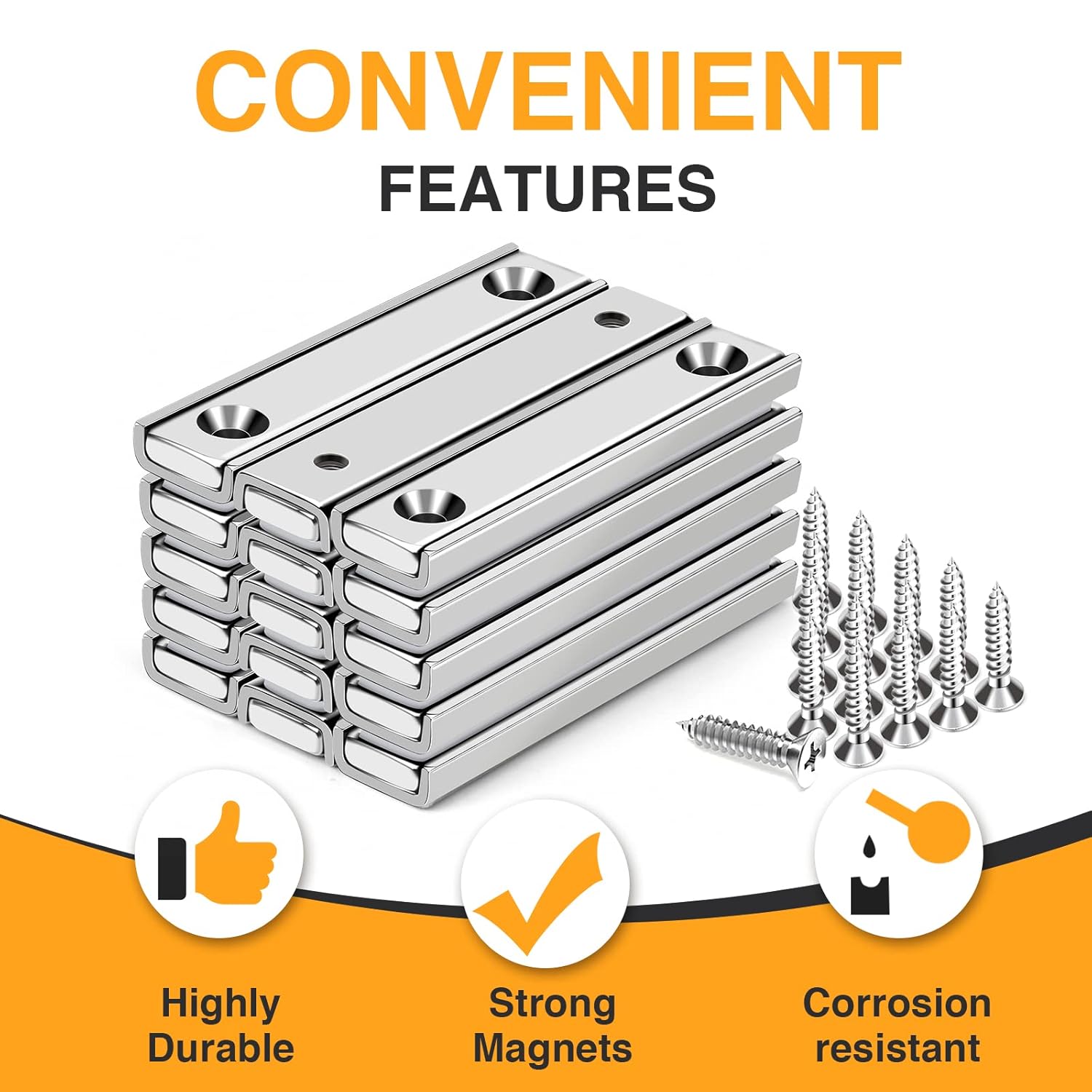 TRYMAG Neodymium Bar Magnets Countersunk, 80 Lbs Rectangle Pull 60x13.5x5mm, 15 Rap Earth Magnet Strip Pack - Wall Mounting, Heavy Duty with Screws