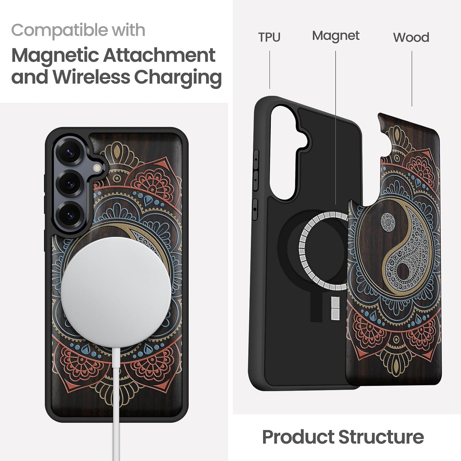 Magnetic for Samsung Galaxy S25 Case Compatible with MagSafe Wireless Charging, Natural Black Wood Cover & Shockproof TPU Case, Hand-Drawn Pattern - Yin Yang Balance