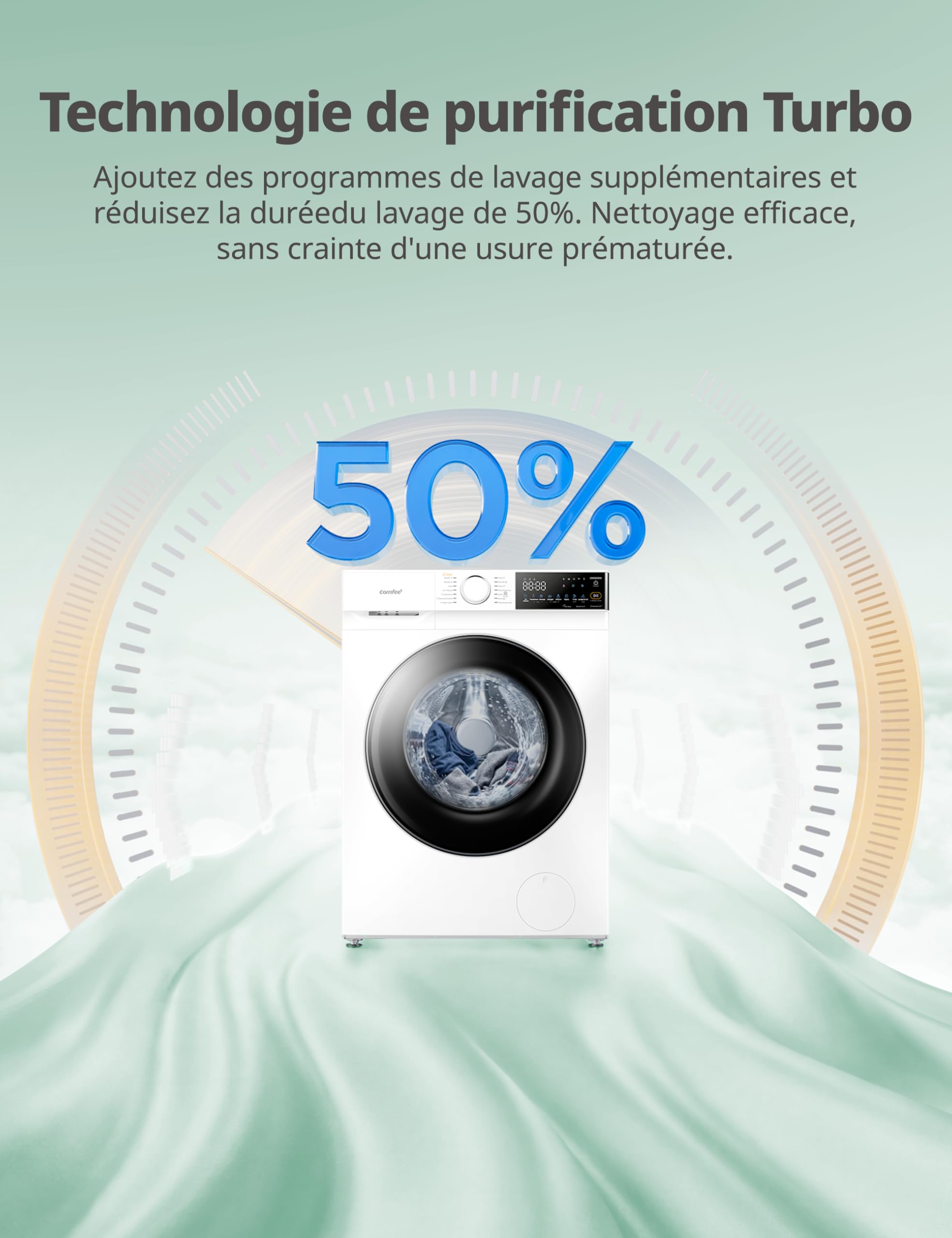 COMFEE' Lave Linge 10kg Classe énergétique A-30% 14 programmes Lavage intelligent contrôlable à distance Élimination des poils d'animaux Parfum+ Blanc