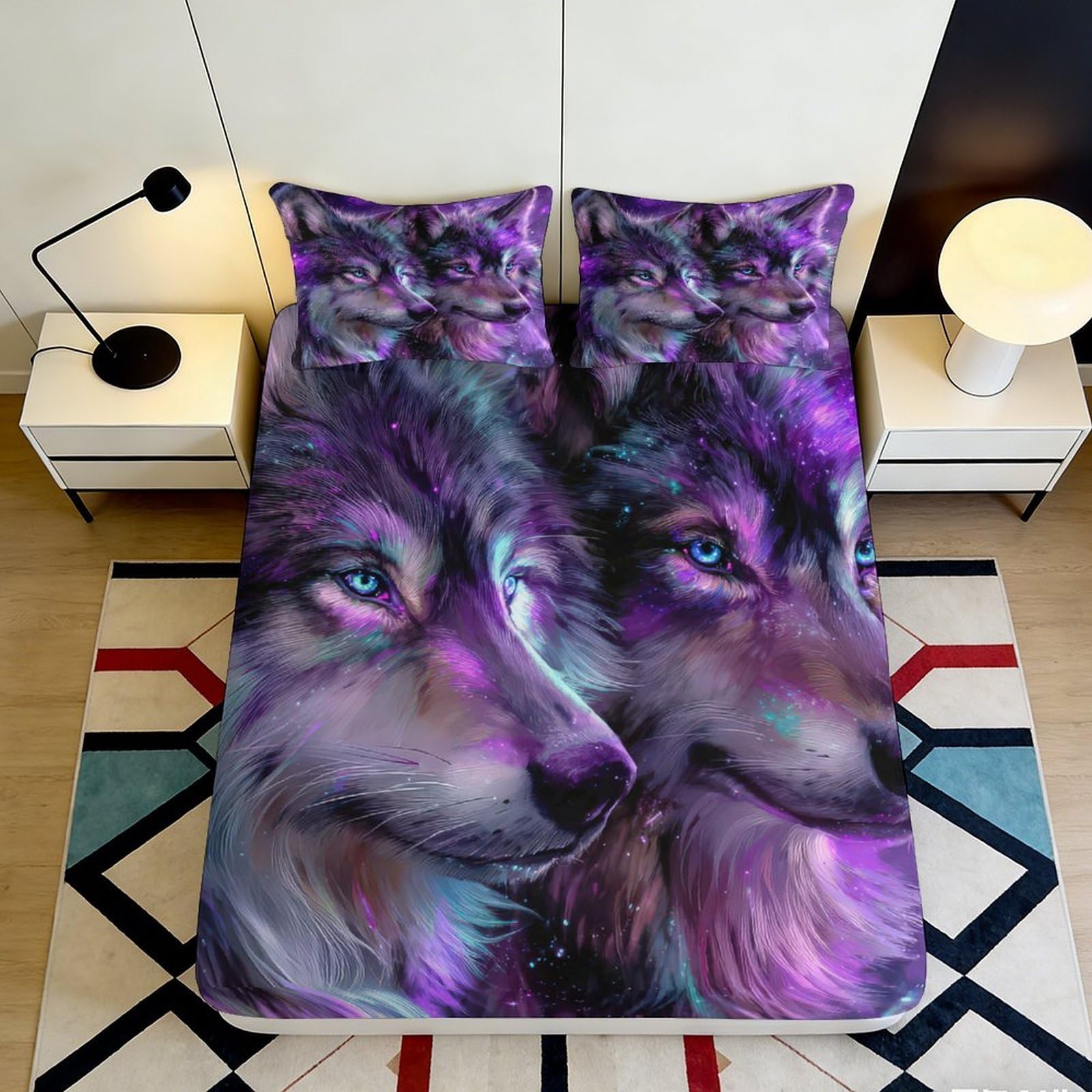3D Printed Wolf Fitted Sheet Microfiber Deep Pocket Bedroom Bedding Wolf Mattress Fitted Cover Elastic Hem Non-Slip Washable 160x200x25cm