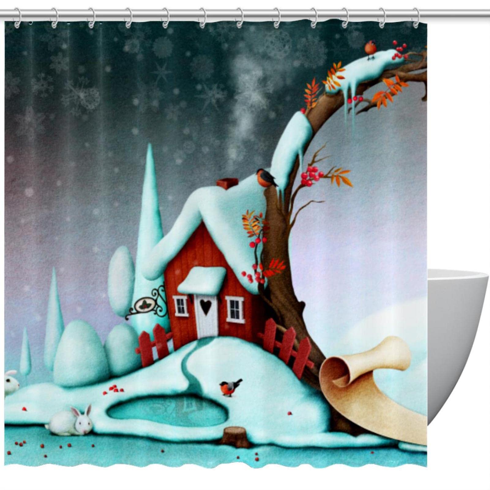 Rideau de douche Noël maison d'hiver grand format imperméable avec crochets inclus