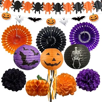 12pcs Black Orange Pumpkin Purple Spider Halloween Decorations Kit Tissue Pom Poms Paper Lanterns Circle Fans Banner and Pumpkin Honeycomb Balls for Graduation Party Classroom Tables Decor Indoor