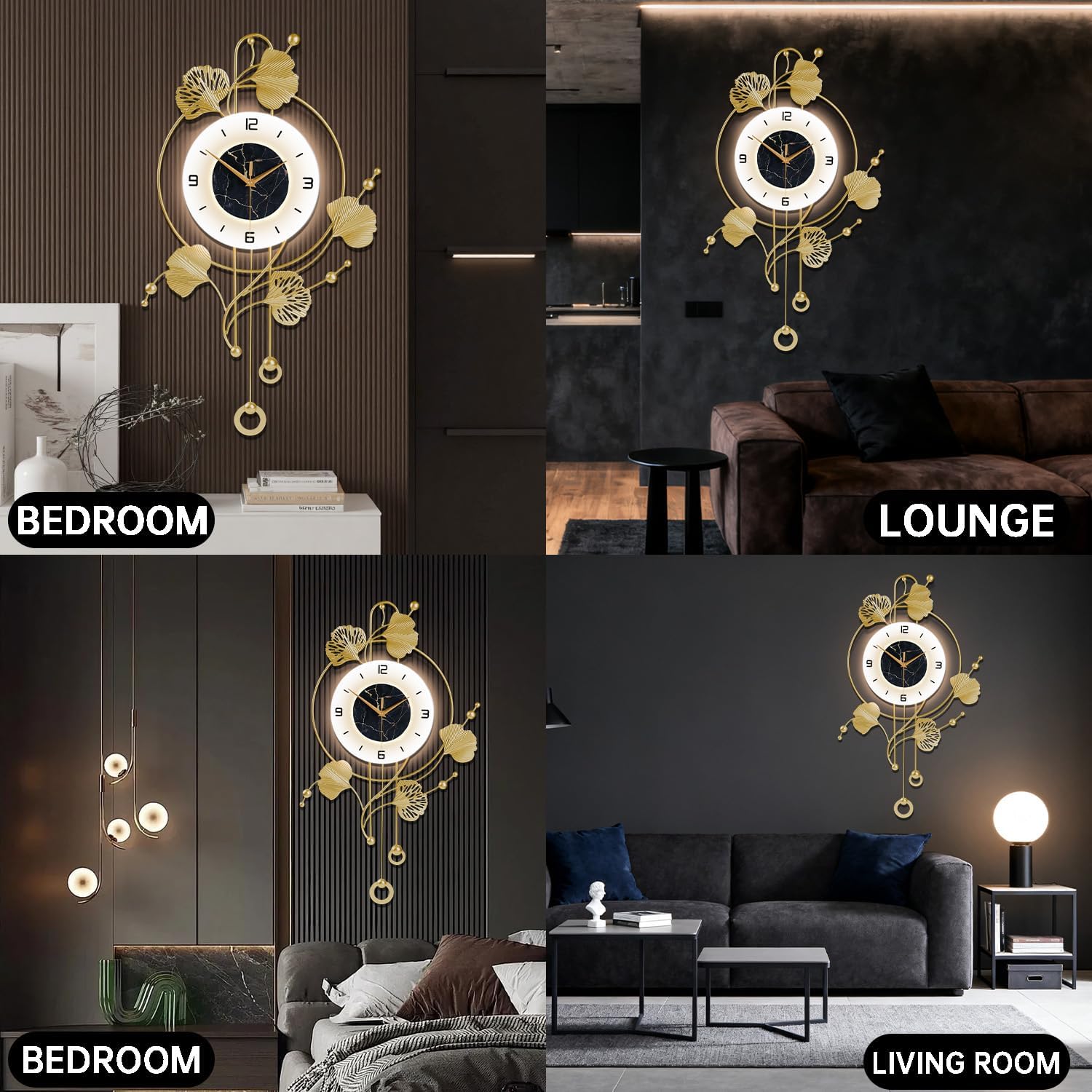 Wall Clock with Light ,Large Decorative Clock for Living Room,Silent Non Ticking Clock with Pendulum,Battery Operated Oversized Modern Wall Art for Bedroom,Farmhouse,Office Wall Decor / 27.9*16.5 Inch