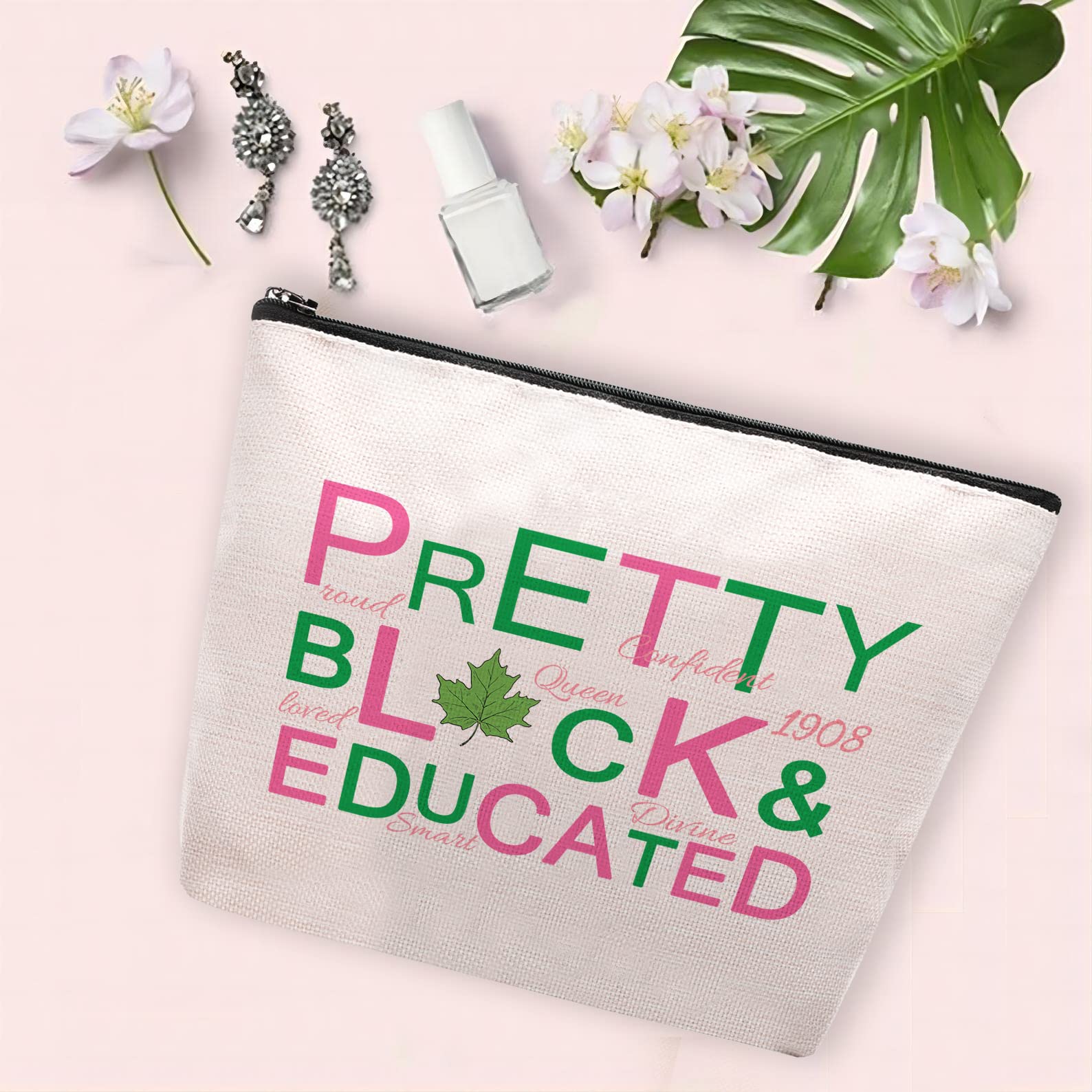 Sorority Gift Pink and Green Makeup Cosmetic Bags Black Greek Sorority Gift Paraphernalia for Sister Friend