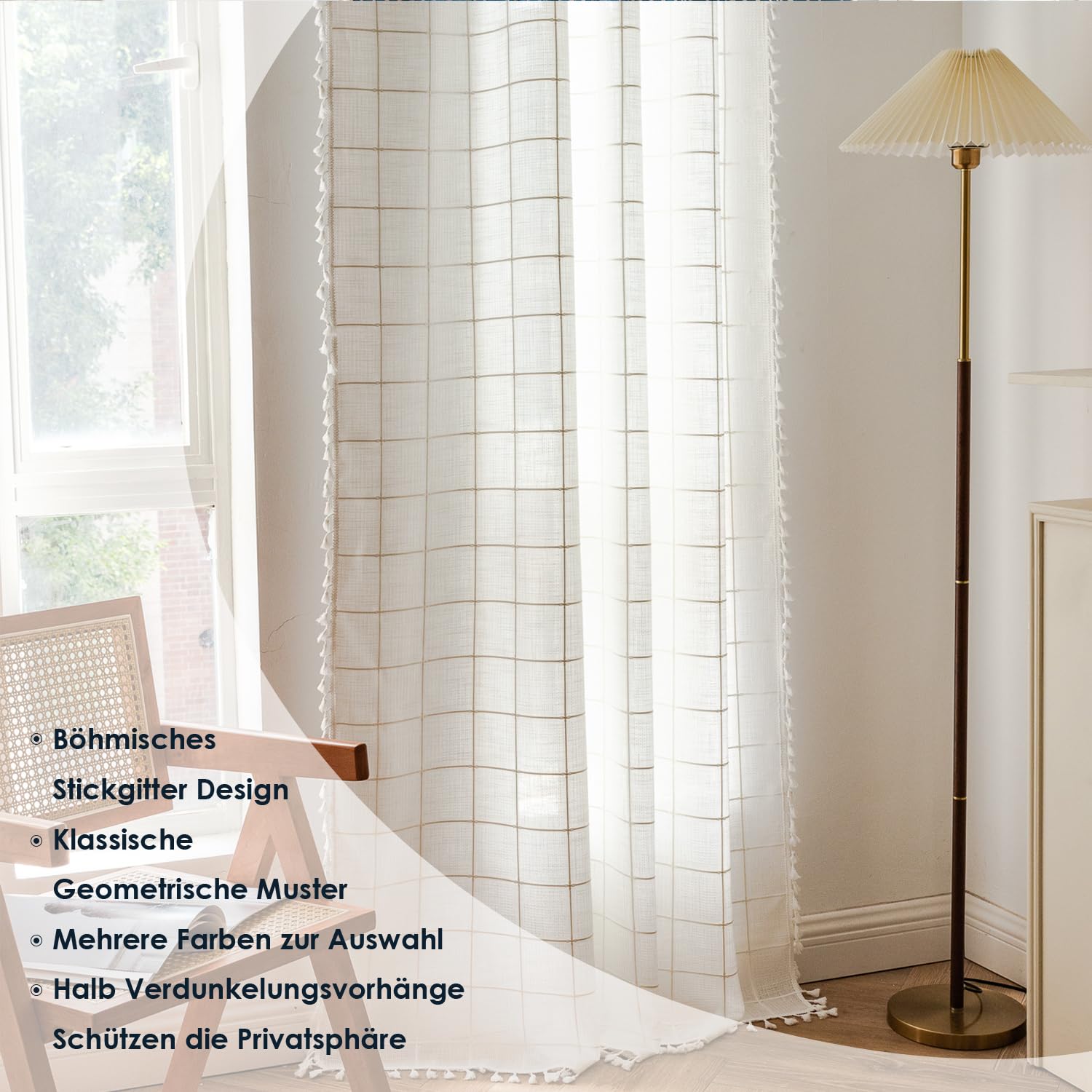 Tende in lino beige con nappe ricamate, stile country vintage, per camera da letto e soggiorno, 1 pezzo, 132 x 120 cm (larghezza x altezza)