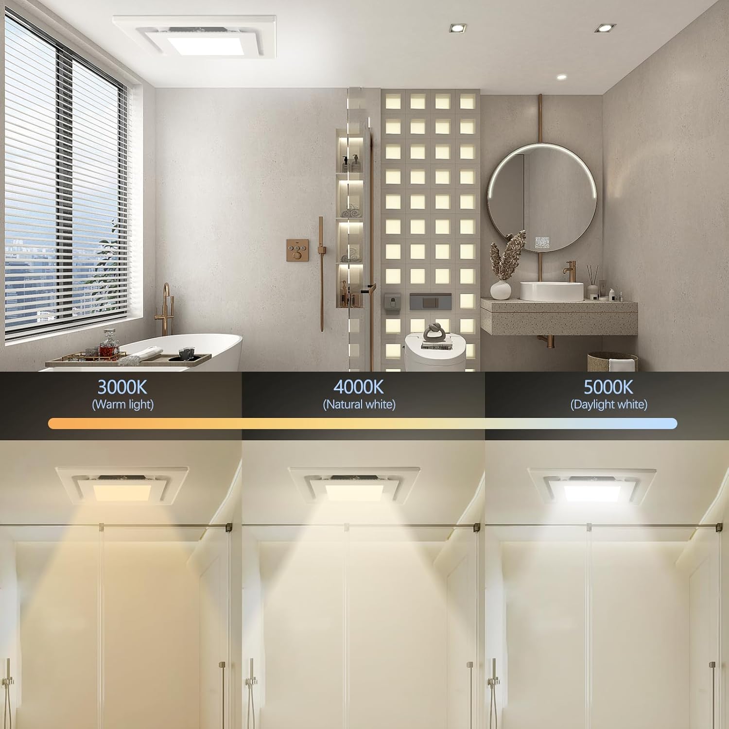 Square Bathroom Exhaust Fan with Light,Rust-Proof Metal Frame,0.8 Sones Bathroom Vent Fan with Light & 110 CFM Low-Energy Consumption, Fits 7.5“ X 7.6” Openings ,3000k / 4000k / 5000k Lighting