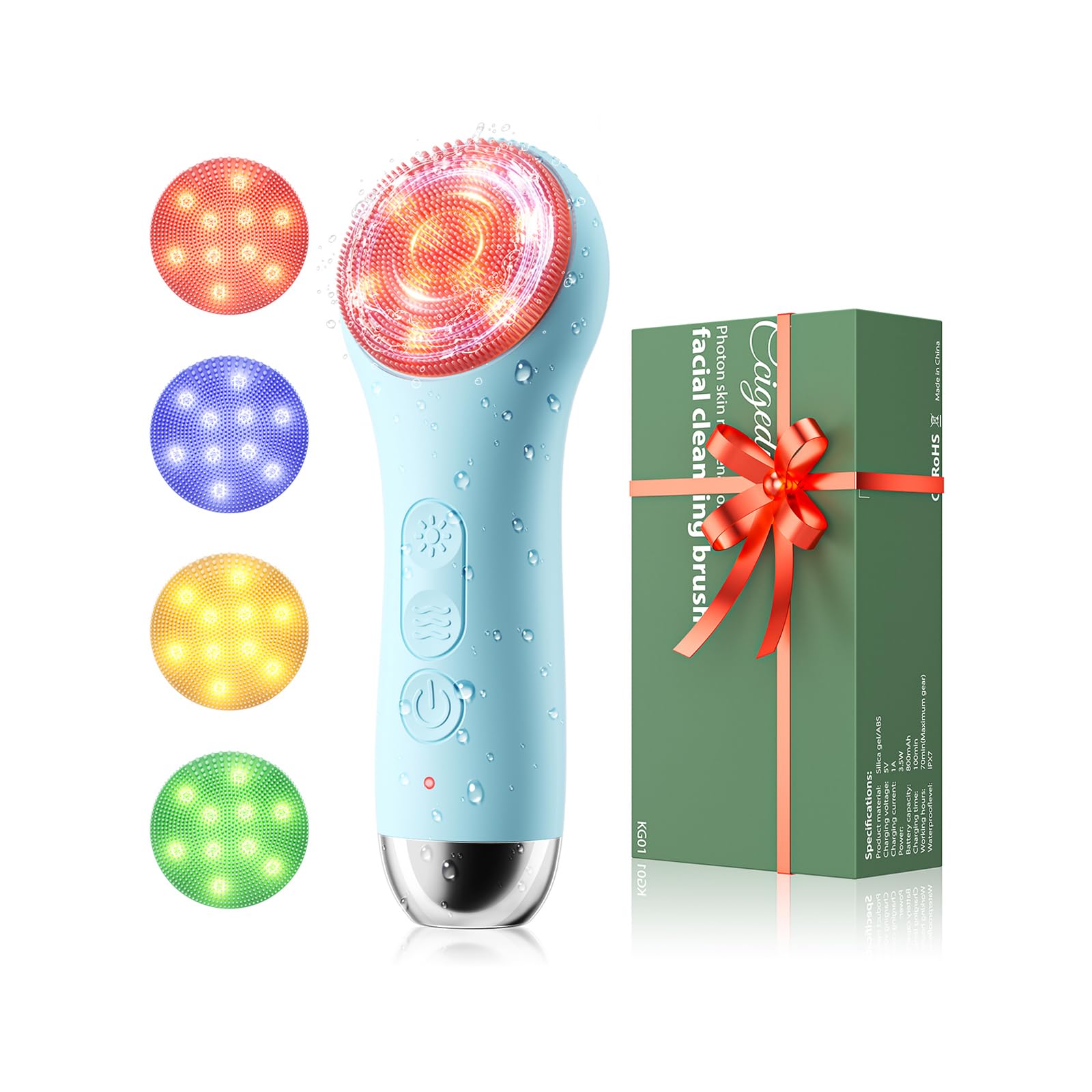 Face Scrubber Facial Cleansing Brush - Waterproof and Rechargeable Face Cleansing Brush with 4 LED Gentle Light, Cleansing, Exfoliating and Massaging,