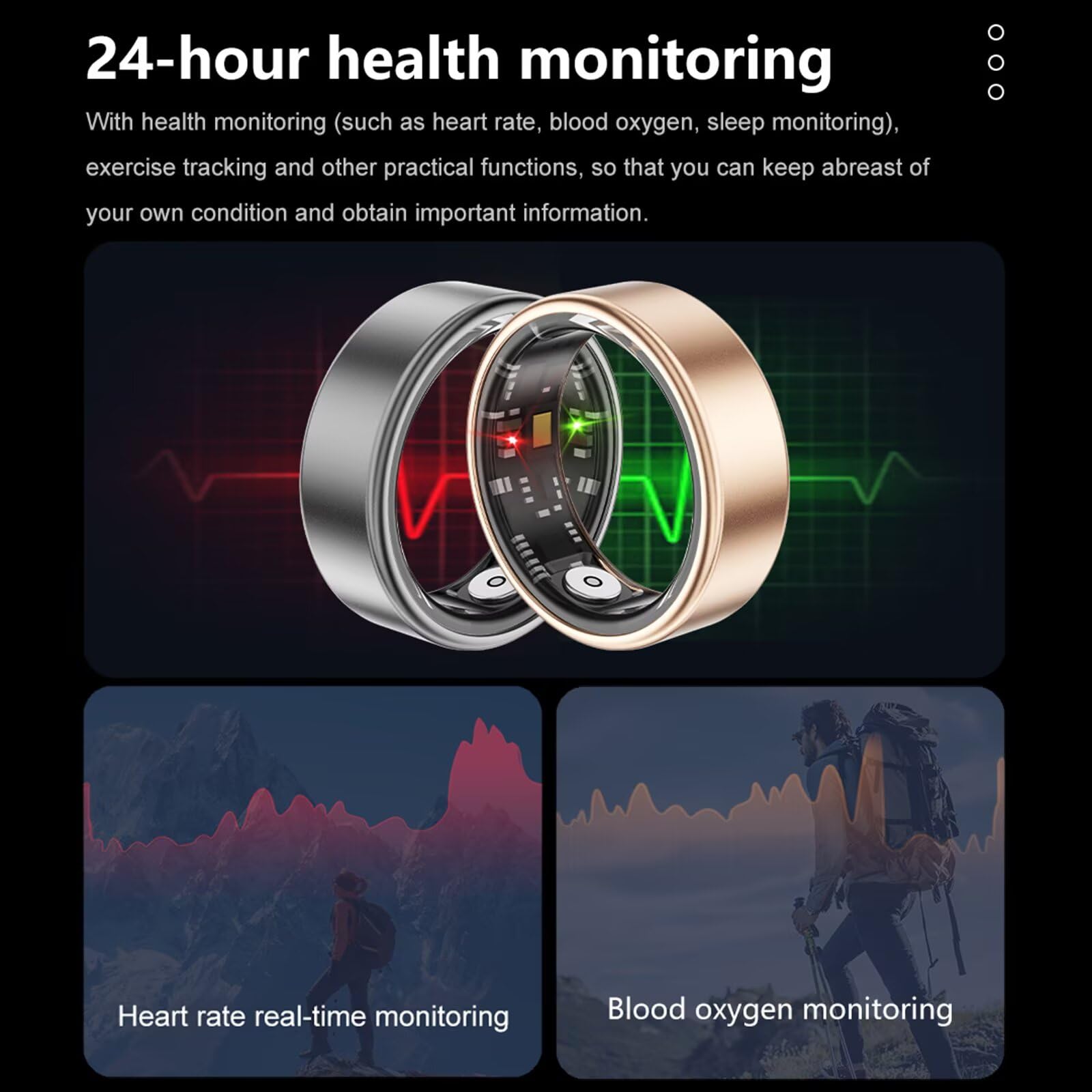 Bague intelligente Android IOS - Pour homme et femme - Suivi du sommeil - Moniteur de fréquence cardiaque - Podomètre - Sport - Bague intelligente - Fréquence cardiaque - Noir, or rose, argent