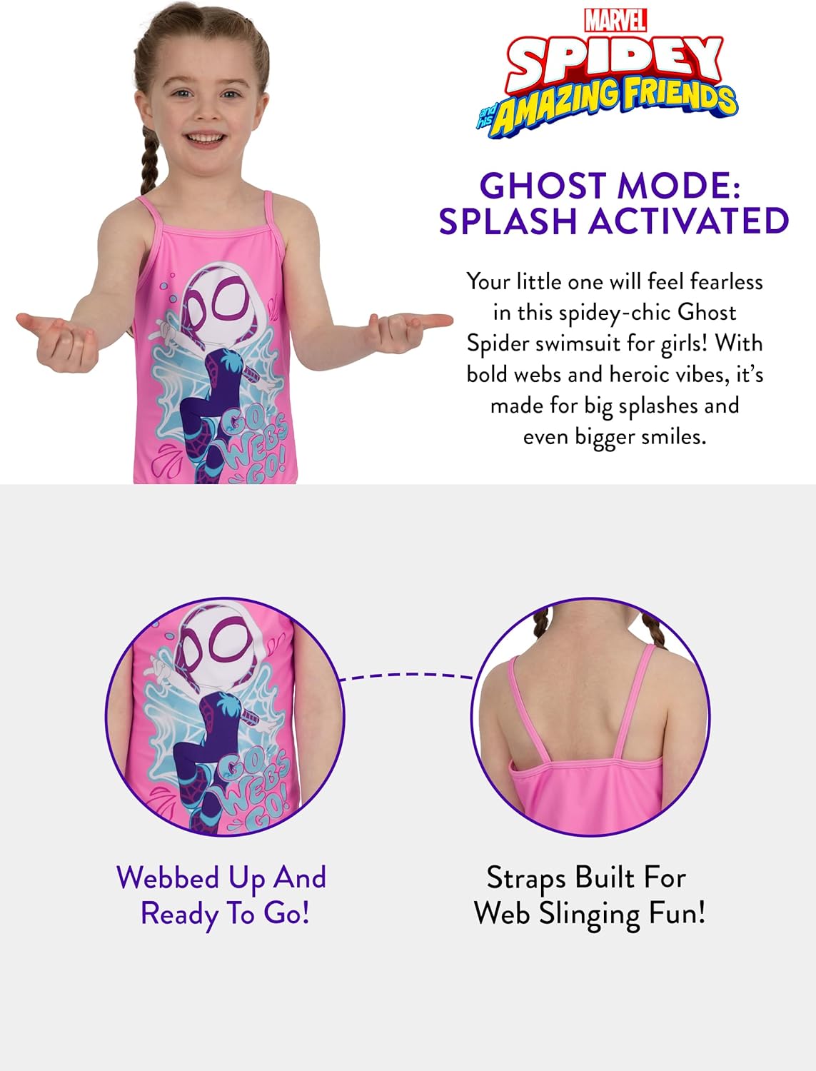 Marvel Girls Bathing Suit, Spidey and His Amazing Friends Girls Swimsuit, Superhero Kids Bathing Suit