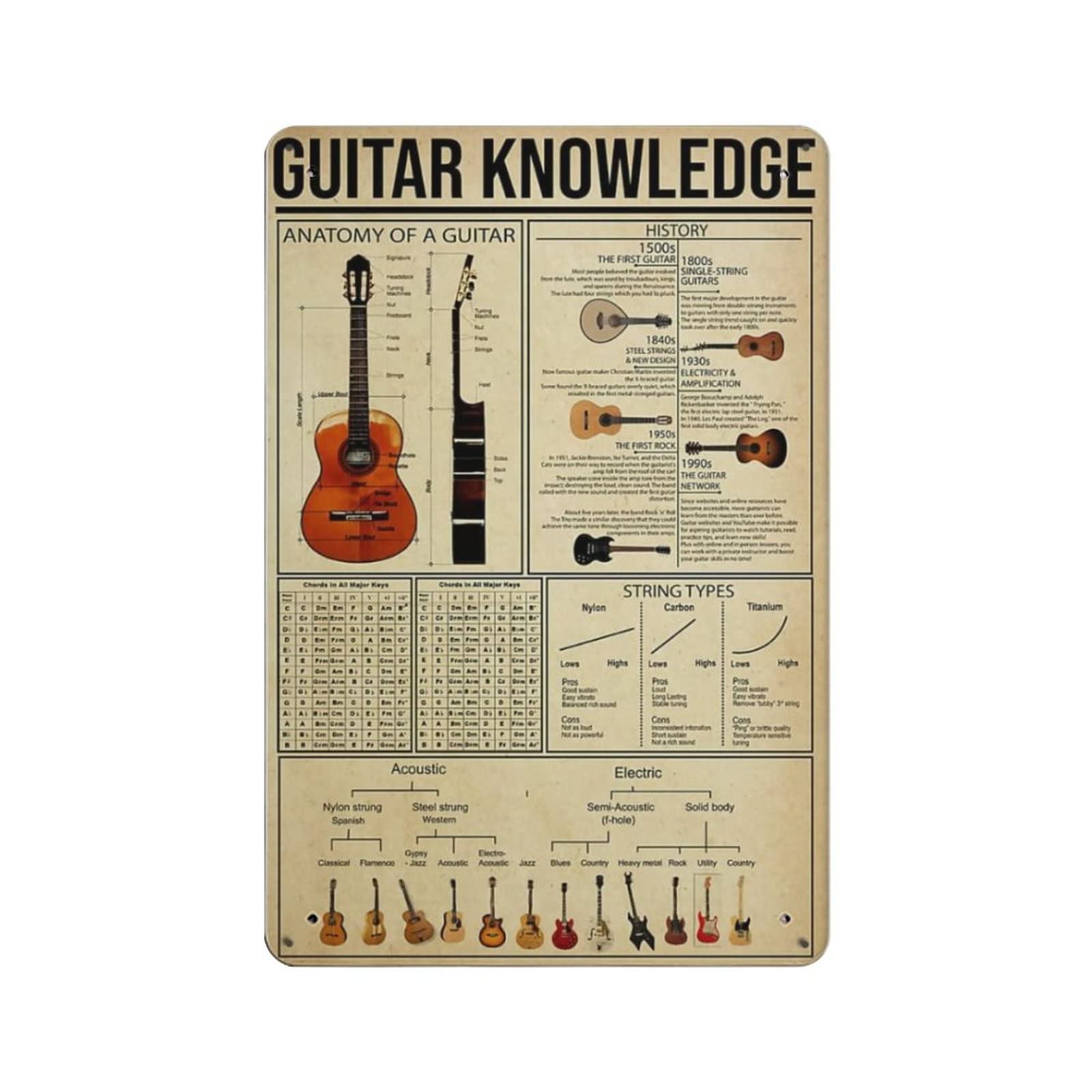 AOOEDM Guitar Knowledge Vintage Tin Sign Metal Tin Signs for Man Cave Funny Art Wall Plaque Kitchen Bar Pub Coffee Shop Wall Decor