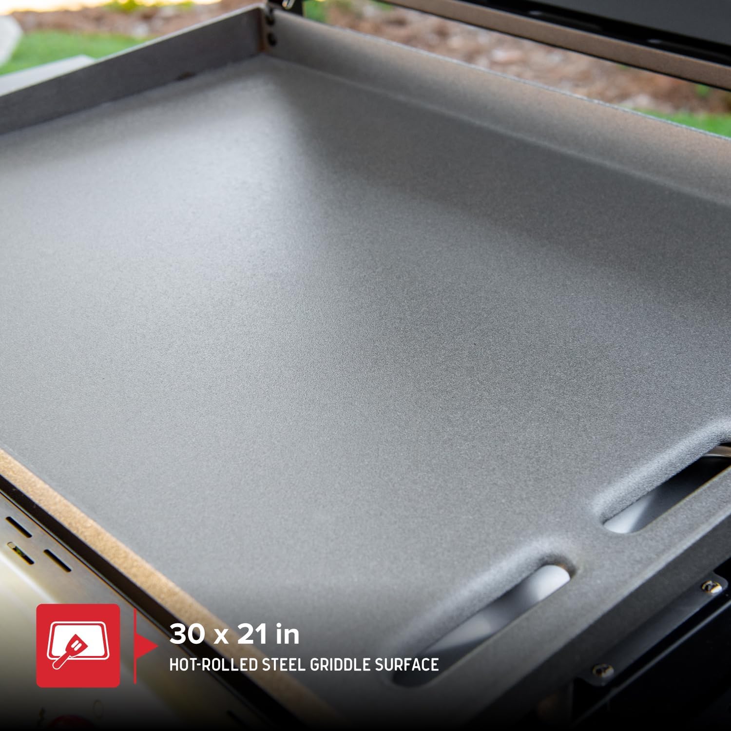 Close-up of the hot-rolled steel griddle surface