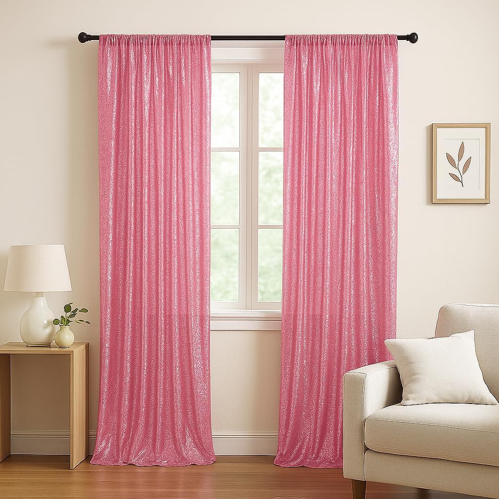 Juya Delight 2Pcs 2FTx8FT Pink Sequin Backdrop Curtains Fuchsia Pink Glitter Backdrop for Party Birthday Wedding Decoration