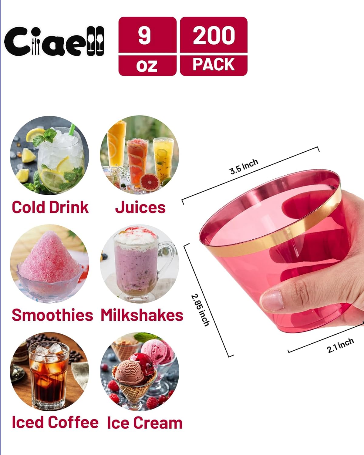 Ciaell 200PCS Red Plastic Cups - 9 Oz Gold Plastic Cups - Heavy Duty Gold Rimmed Disposable Cup - Disposable Wine Glasses with Gold Rim for Party & Wedding & Valentine's Day - Image 4