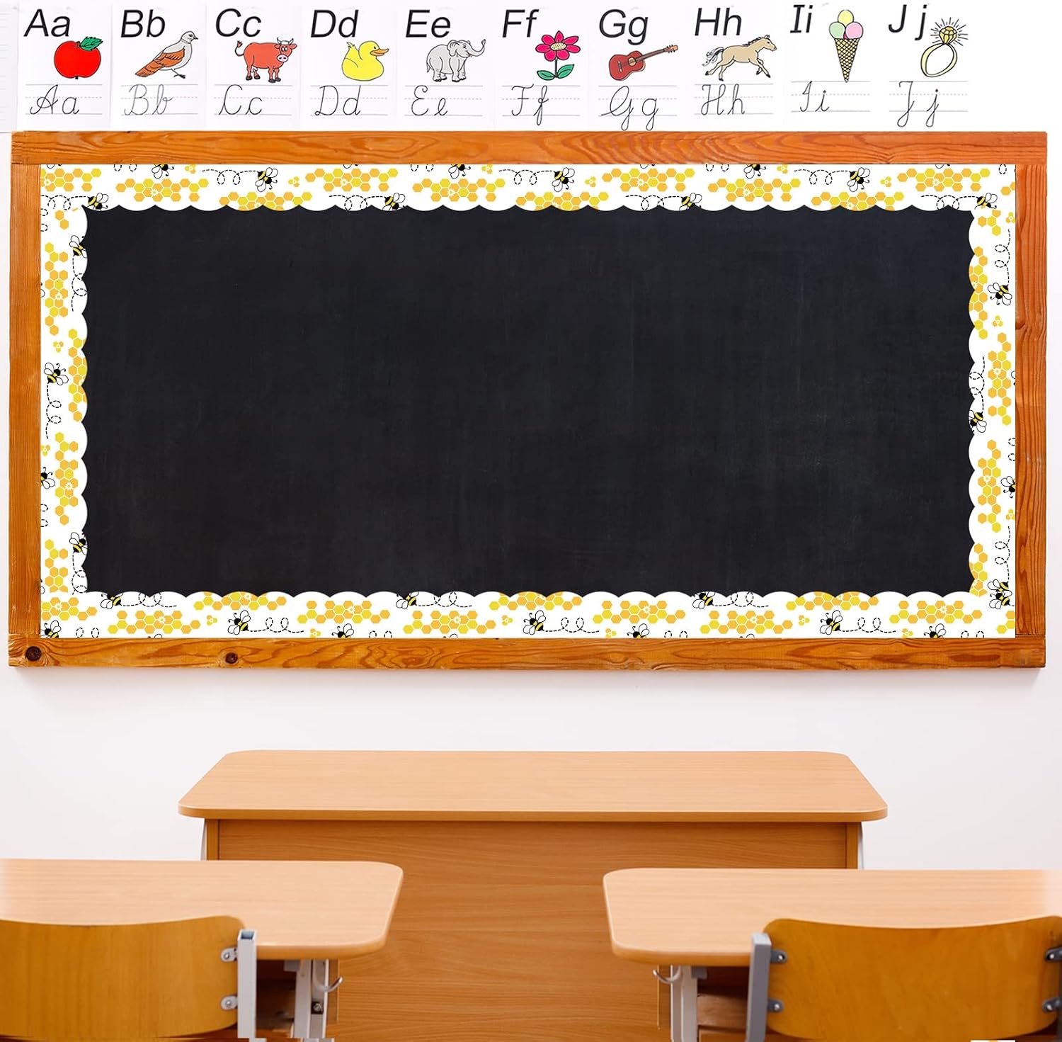 Whaline 69Ft Bee Bulletin Board Borders Black Yellow Cartoon Bees Honeycomb Bulletin Board Stickers Plaid Daisy Flower Border Trim for Classroom Office Bee Themed Party Decoration, 60 Pcs