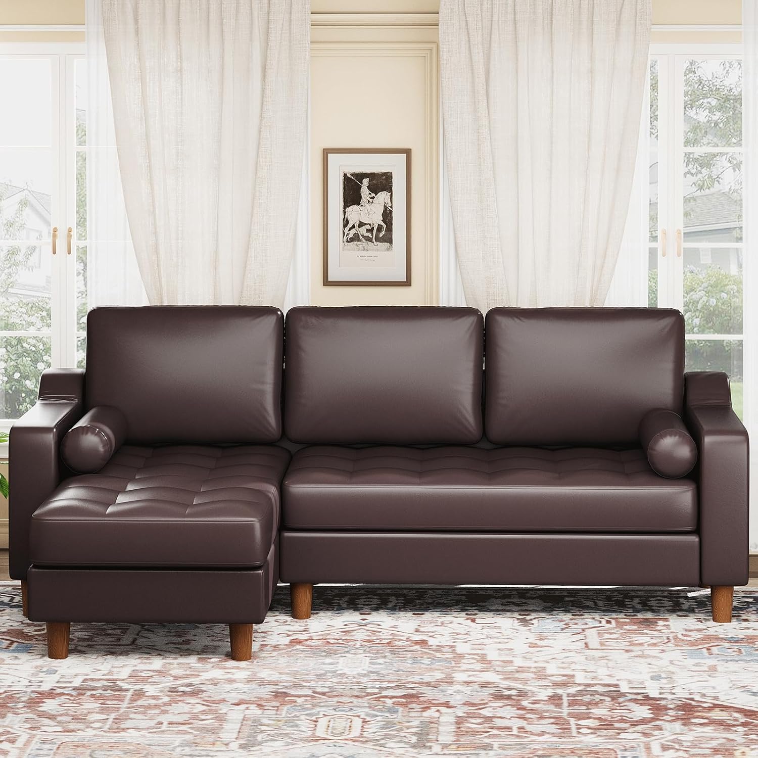 GarveeHome 88.9" L-Shape Sofa with Convertible Chaise Sectional Leather Sofa with Deep Seat Modern Mid-Century Sofa for Living Room Comfy Leather Couch Brown