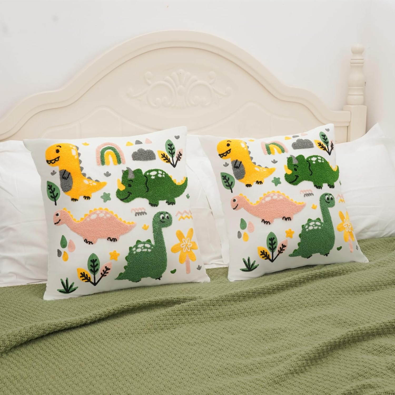 Embroidery Throw Pillow Covers 18x18-2 Pcs, Decorative Pillow Cases Soft Cushion Case Pillowcase for Chair Sofa Bedroom Living Room Home Decor, Dinosaur
