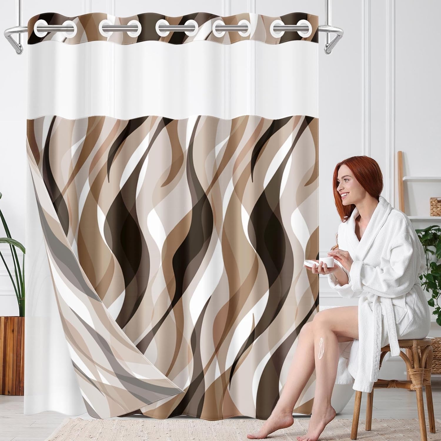 No Hook Brown Shower Curtain with Snap in Fabric Liner Set, Modern Abstract Striped Double Layers Waterproof Fabric with See Through Top Window Open Grommet Bath Curtain 71x74 Inch