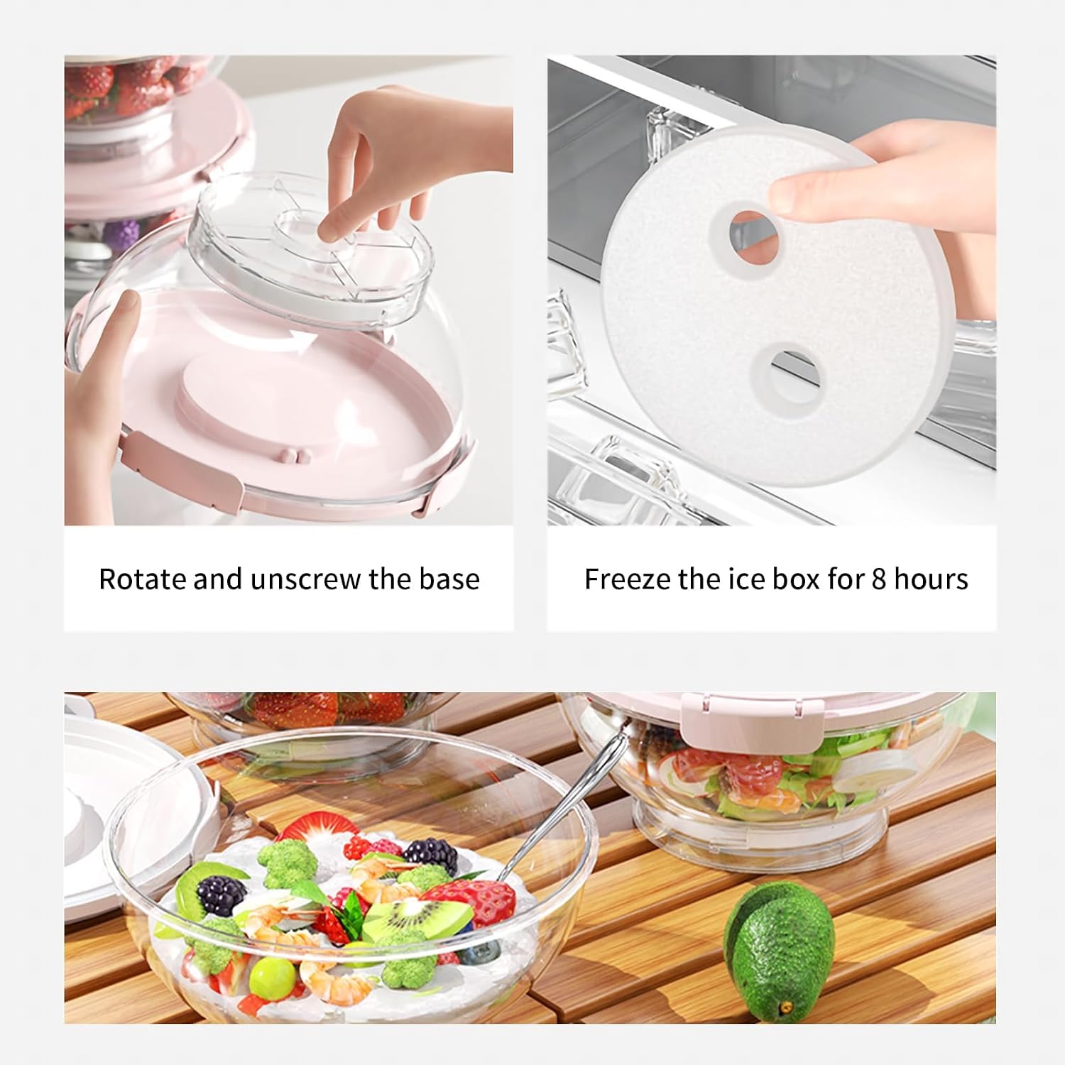 MANO 2Pack Large Leakproof Salad Bowl with Ice Pack & Fruit Forks Fridge Food Container, Portable Clear Plastic Bowl for Picnic, Office, Travel (Lock-Fresh Design, Handles on Lid), White&Beige thumbnail