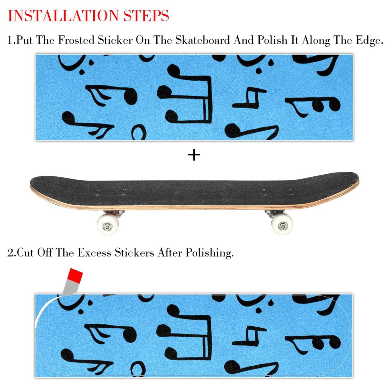 Lot de 2 feuilles de papier abrasif motif notes de musique pour planche à roulettes, planche de longboard, scooter, papier de verre