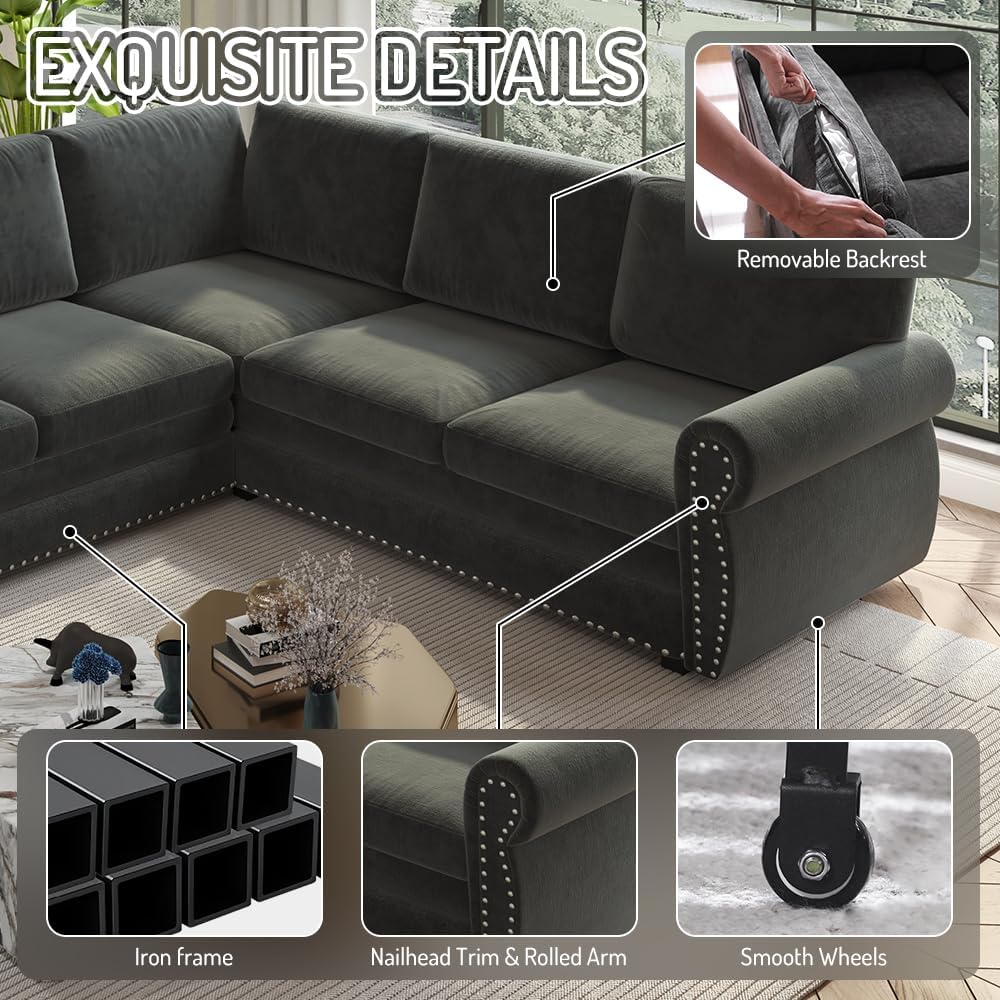 118'' Pull Out Couch, Convertible Sleeper Sofa Bed, Upholstered Sectional Sofa, Chenille L-Shaped Couch with Nailhead Trim, 6-Seater Modern Sectional Couches for Living Room,Bedroom, Dark Grey