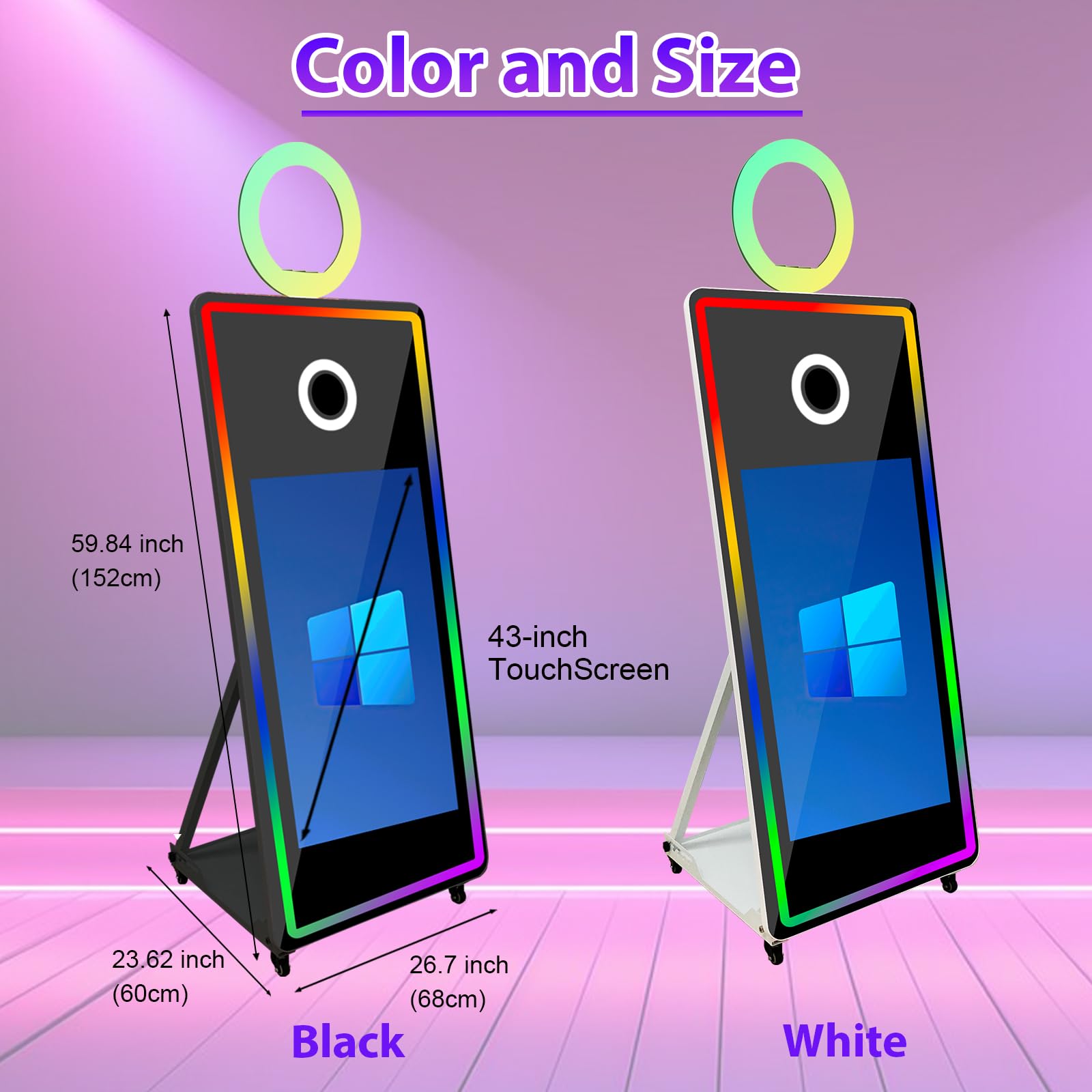 Espejo para cabina de fotos, espejo mágico, máquina de fotos para selfie, pantalla táctil de 43 pulgadas, anillo de luces RGB y marco LED portátil para bodas, fiestas, eventos, funda de vuelo (negro,