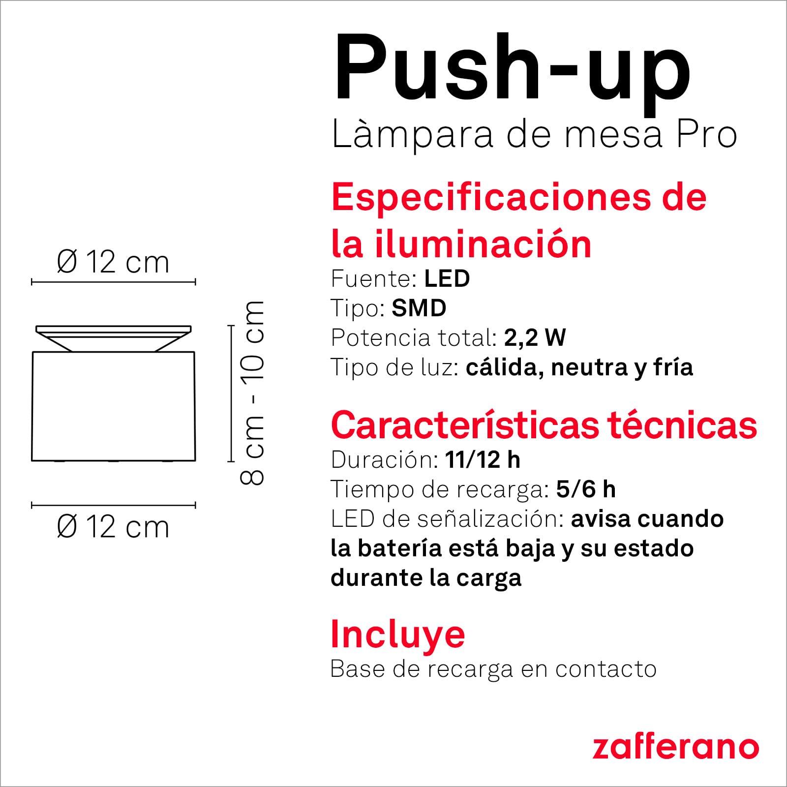 Zafferano, Lámpara Push-Up, Lámpara de Mesa Recargable e Inalámbrica con Control Táctil, Adecuada también como Lámpara de Exterior, Atenuador, 2200-3000 K, Altura 80-100 cm, Color Gris Oscuro