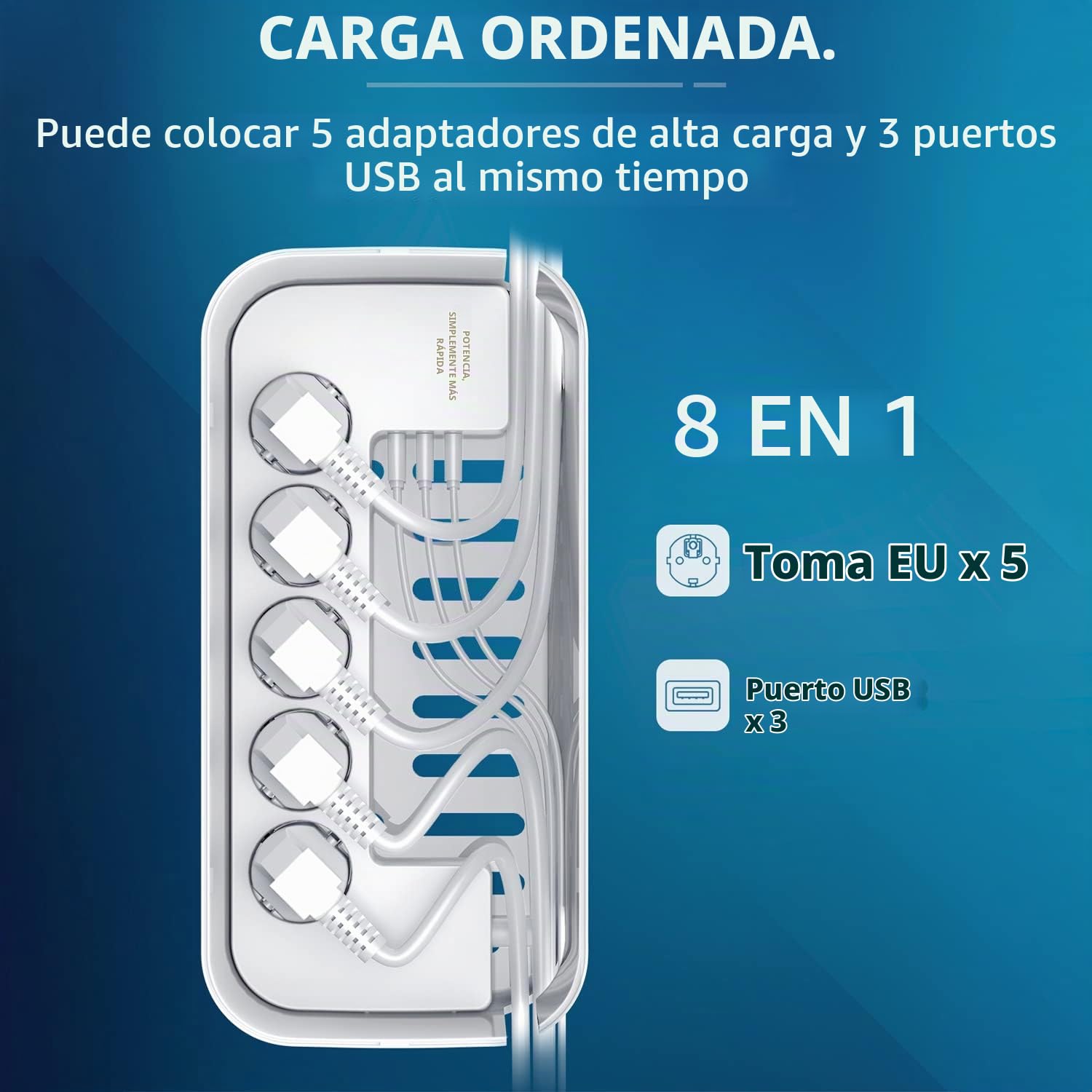 Regletas Enchufes 5M con Caja Organizadora Cables, Regletas USB 5 Tomas y 3 USB, Regleta Proteccion Sobretension (2500W) con Interruptor,29.5 * 14 * 14.1CM, Blanco