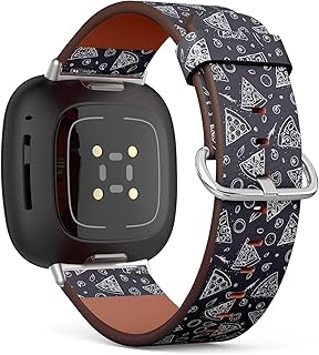 CJBROES Replacement Leather Watch Band, Compatible with Fitbit Versa 3 and Fitbit Sense of Wristband Bracelet Accessory - Outline-Pizza