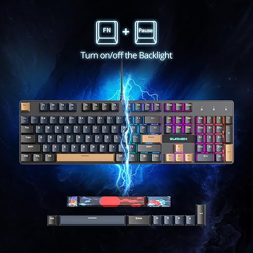 Miniatura 3 de surmen Teclado cremoso de tamaño completo con teclado numérico, 104 teclas RGB con cable teclado mecánico para juegos retroiluminado con teclas PBT,
