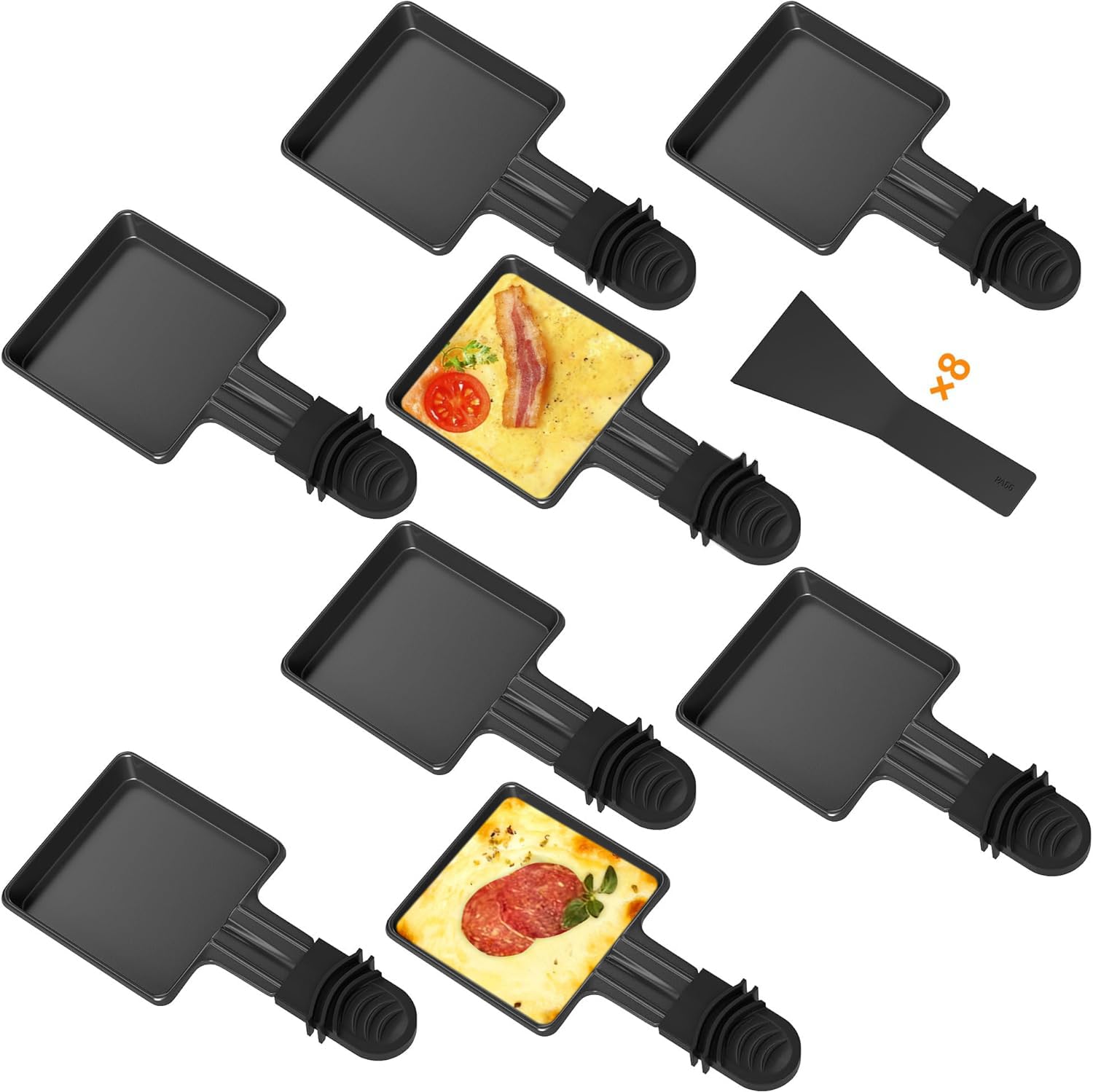 Yoassi 8pcs Mini Padelle per Raclette, Mini Piastra Raclette Antiaderente con 8 Spatole di Nylon, Misura Universale con Manici Antiscottatura, Padelle Quadrate da Raclette per Fuso Uovo Fritto