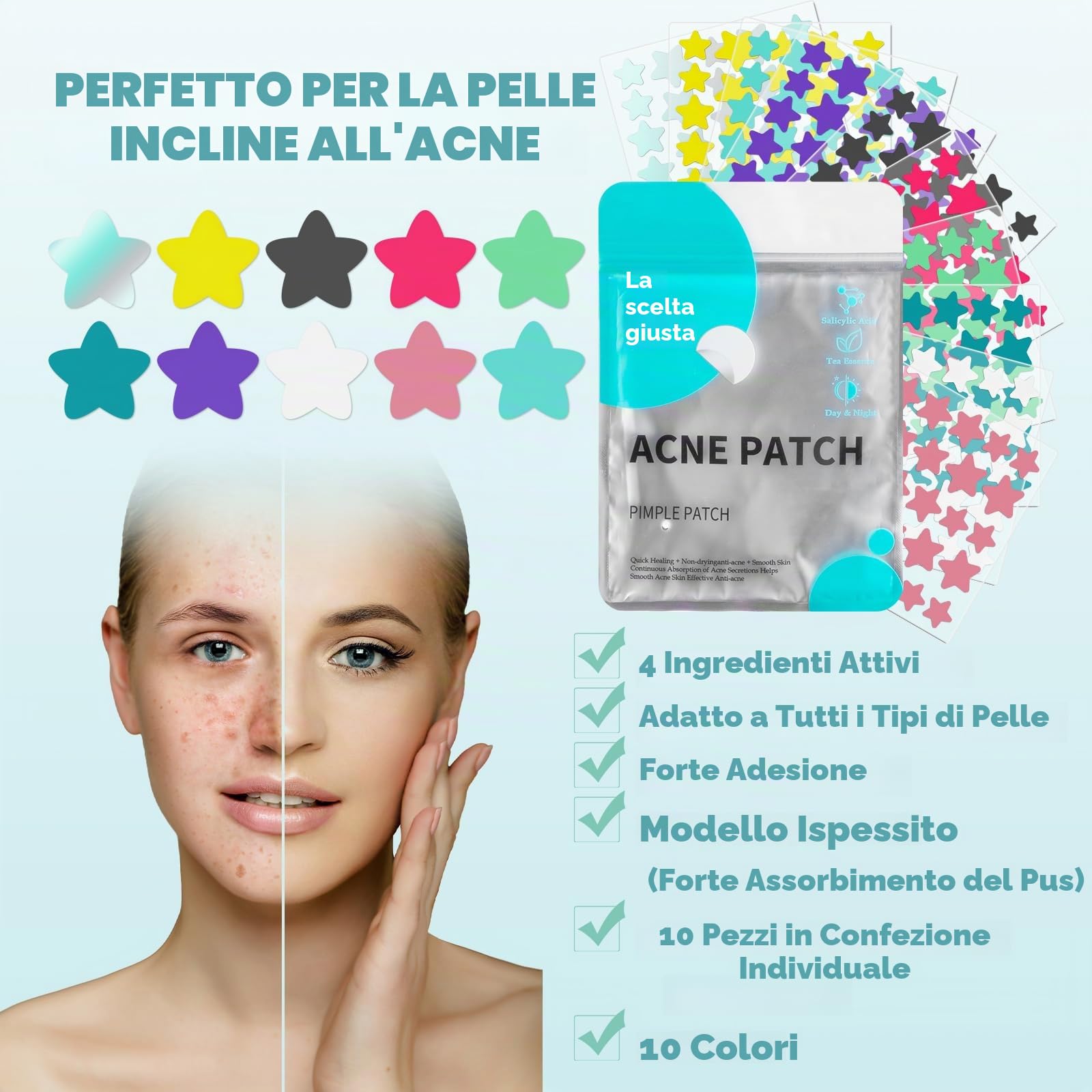 400 Pezzi pimple patch star, patch brufoli stelline Invisibile Naturale Hydrocolloid, cerotti per brufoli con olio dell'albero tè Acido Salicilico, acne patch Assorbenti Impermeabile e Traspirante