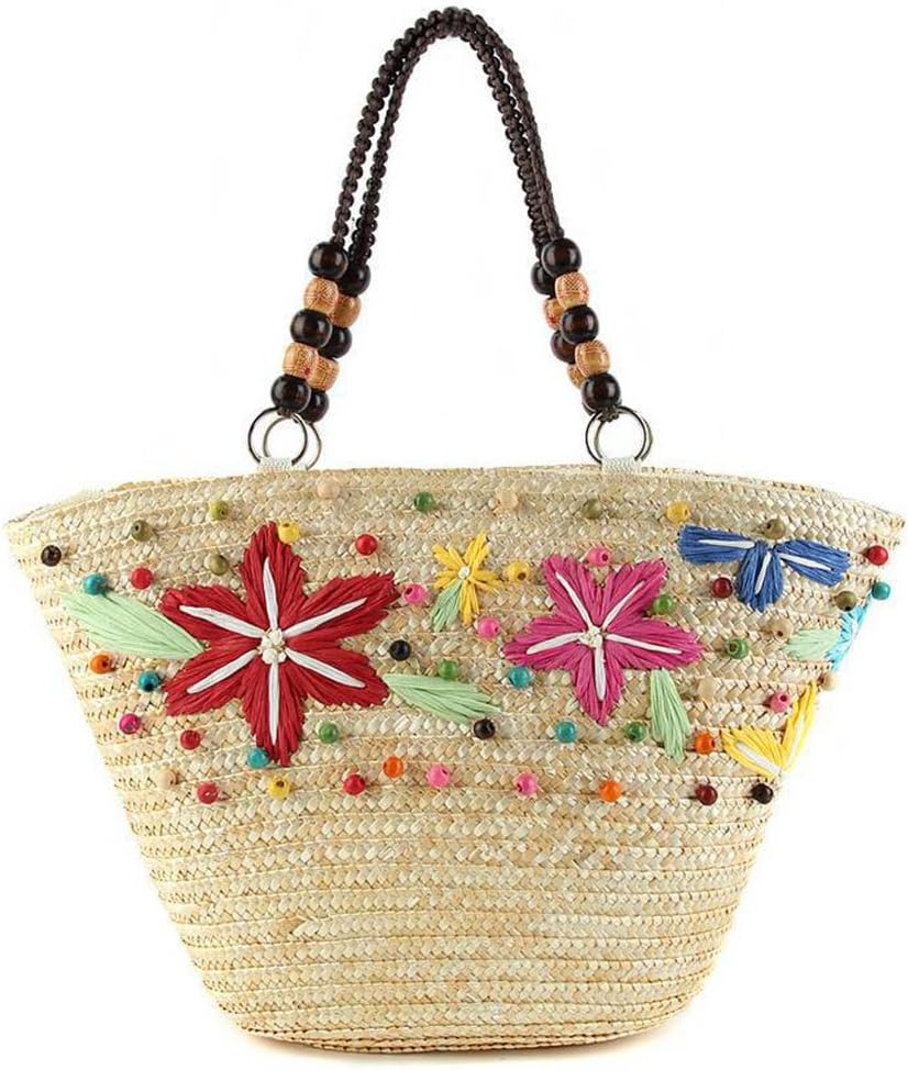 Civetta Woman Lady Starfish Pattern Handcrafted Bohemian Beaded Straw Tote Bag Shoulder Bag Handbag Beach Bag