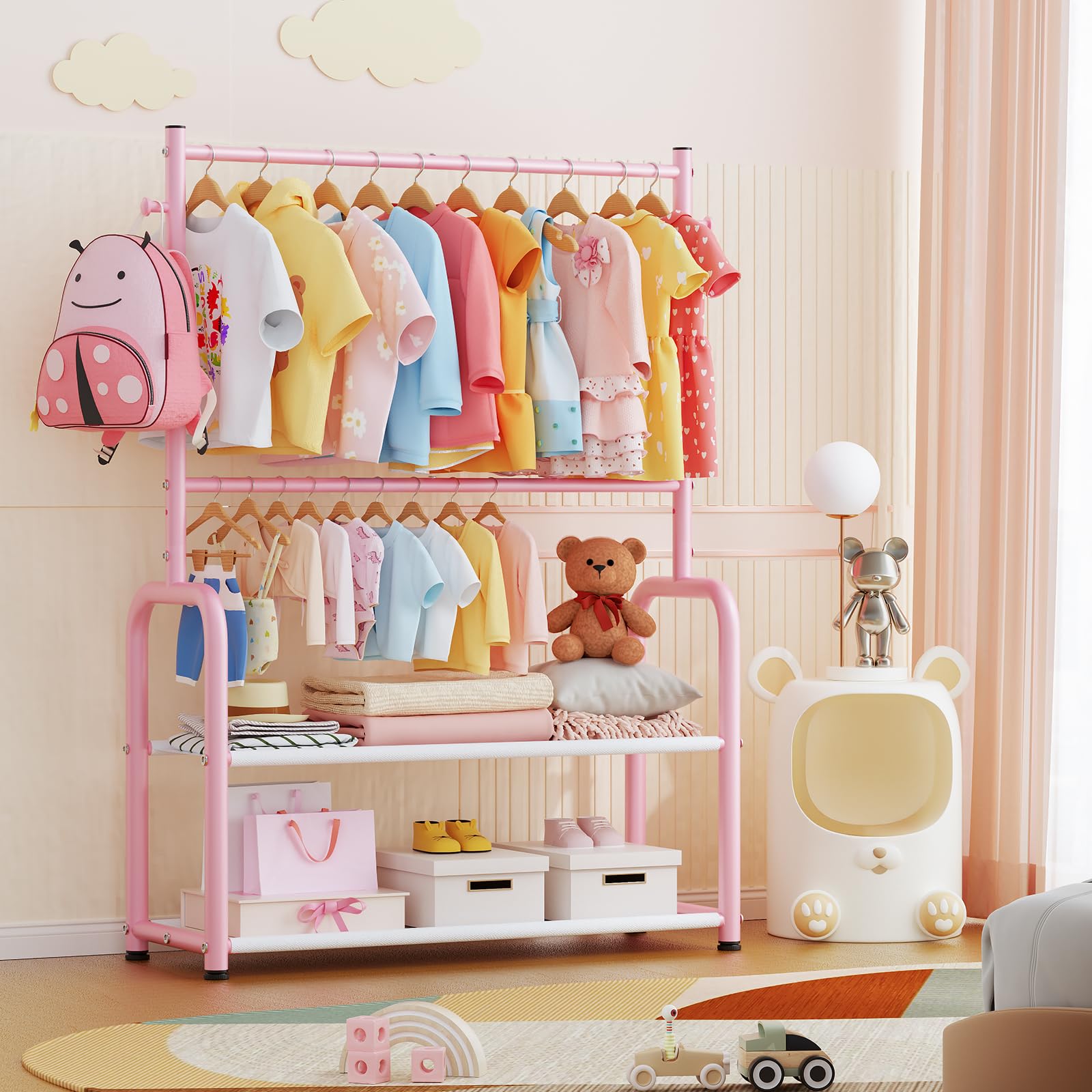 Bambini Abbigliamento Rack 2 Tier Baby Closet Rosa Toddler Dress up Rack | 2 aste appendiabiti, regolabili, per bambini da 0 a 9 anni, per bambini piccoli, per asilo e camera da letto