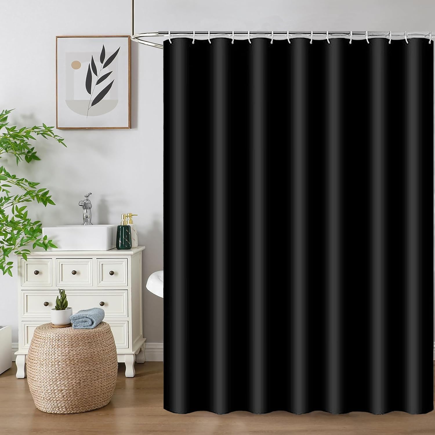 HUIBOHOU Shower Curtain - Solid Colour Fabric Shower Washable Curtain Mould Resistant and Water Repellent,180 * 200cm (Black, 180 * 200cm)