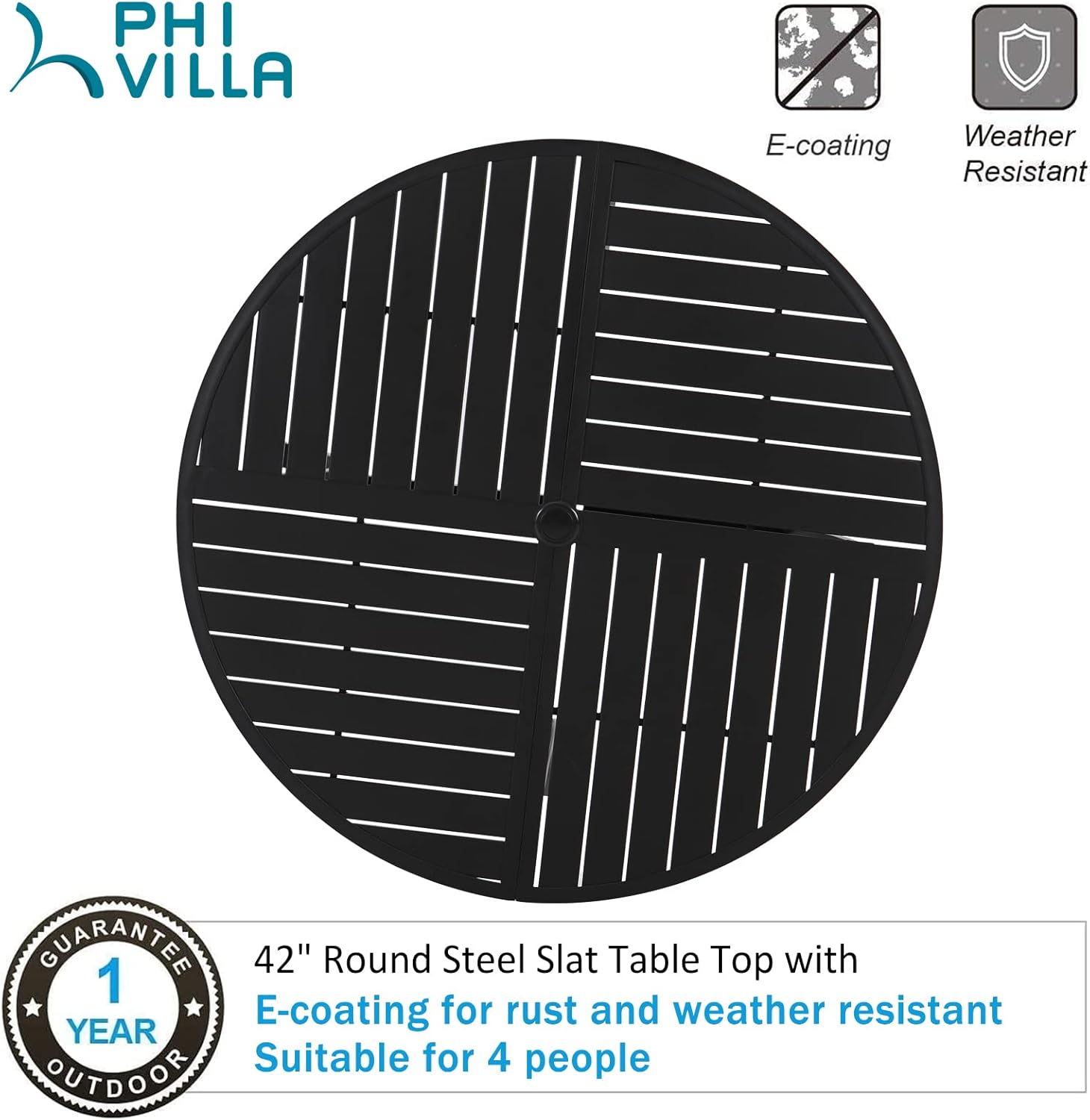 PHI VILLA Outdoor Round Dining Table for 4, 42" Large Metal Wrought Iron Table with Umbrella Hole, All Weather Dining Furniture for Patio, Deck, Yard, Porch - Black