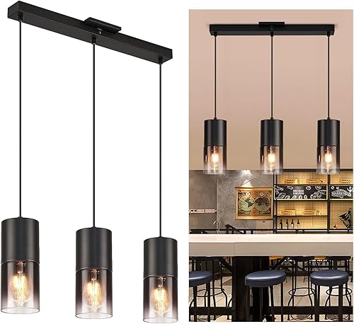 Lámpara colgante de isla de cocina negra, lámpara colgante de cristal negro industrial, 3 bombillas E26, lámparas de araña con cable ajustable de 59