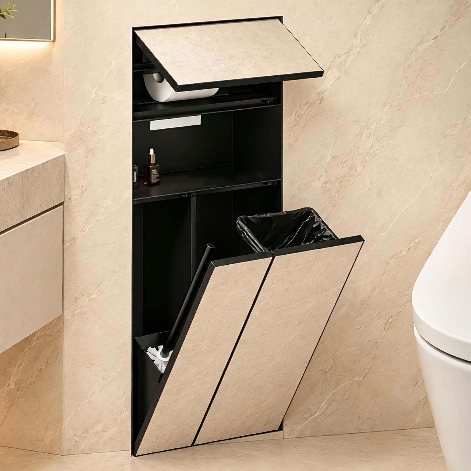 Nicho de pared integrado para eliminar accesorios del suelo del baño y ganar espacio limpio