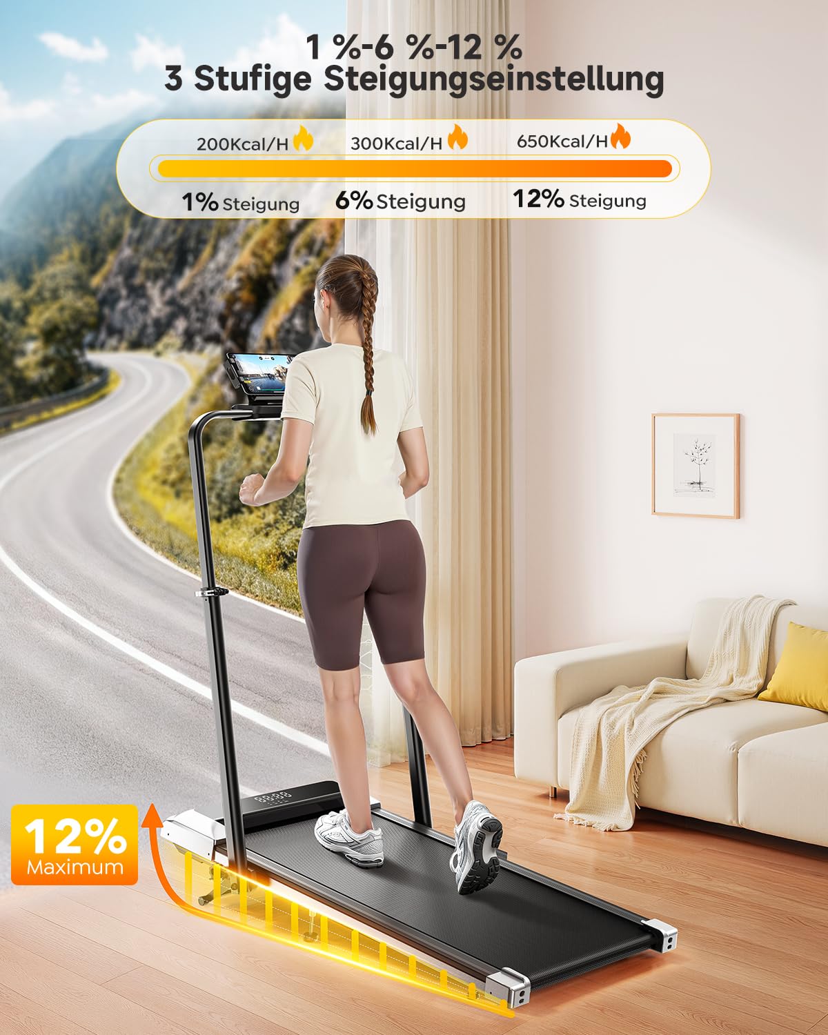 Laufband für Zuhause mit 12% Steigung, 12km/h, 6 in 1 Walking Pad, Klappbar Laufband mit 1150MM Einziehbares Steigrohr, 95°/105° Drehbarer Steigrohr, 2.5HP Leiser Motor, Fernbedienung und App