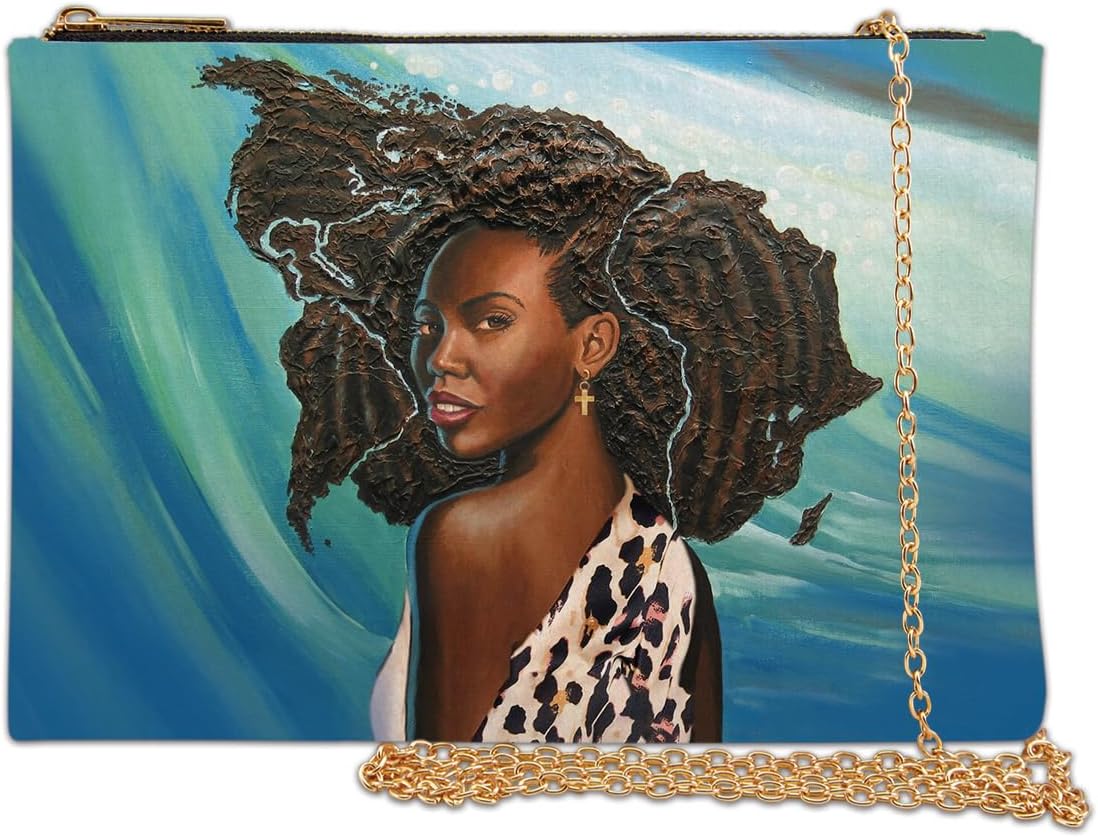 African American Expressions Chain Purse - Black Art Clutch Bag - size 10"x7"x1" - Great for Embracing Black Culture