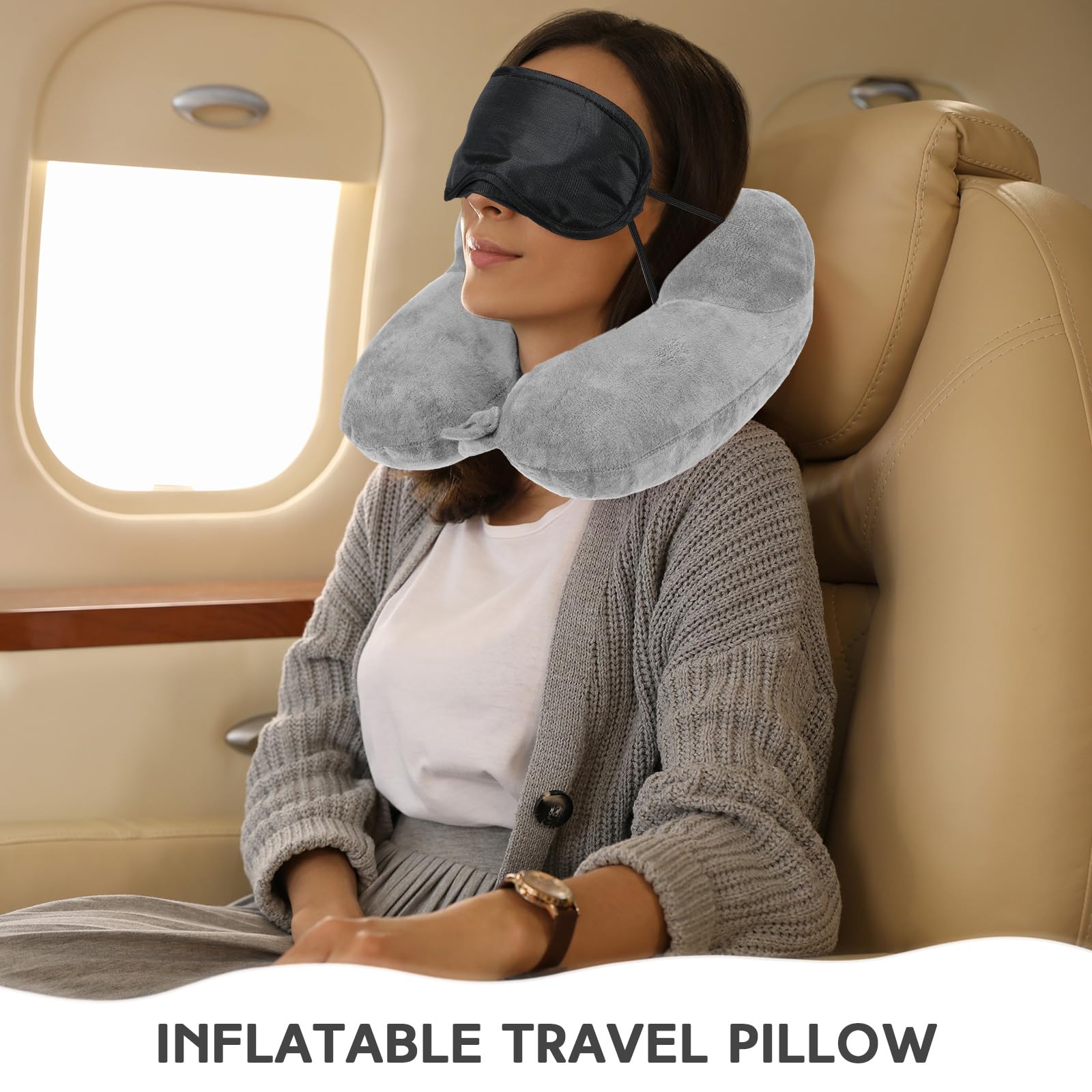 Sintuff Aufblasbares Reisekissen für Flugzeuge, aufblasbares Nackenkissen, mit kompakter Tasche und Augenbinde, für Reisen, Flugzeug, Zug, Auto, Büro, Grau, 2 Stück