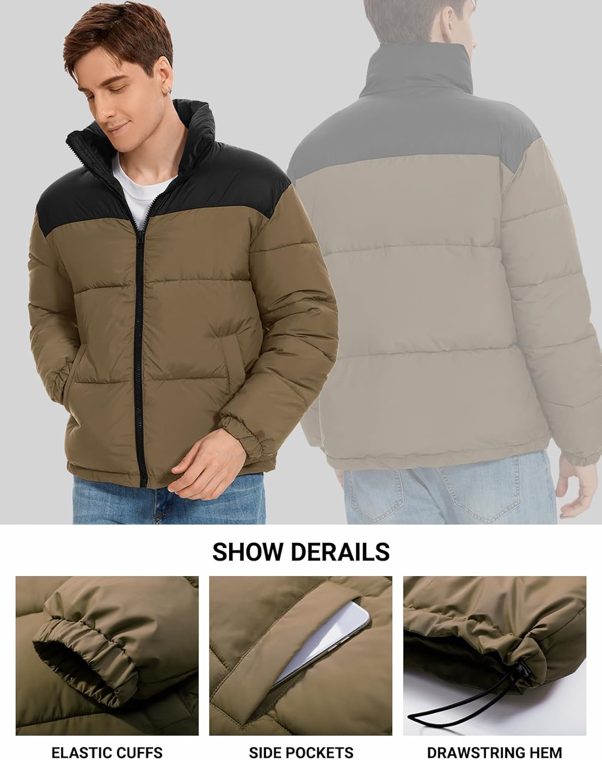 PEHMEA Men’s Puffer Jacket Stand Collar Zipper Coat with Pockets Retro Bubble Outwear for Winter - Image 4