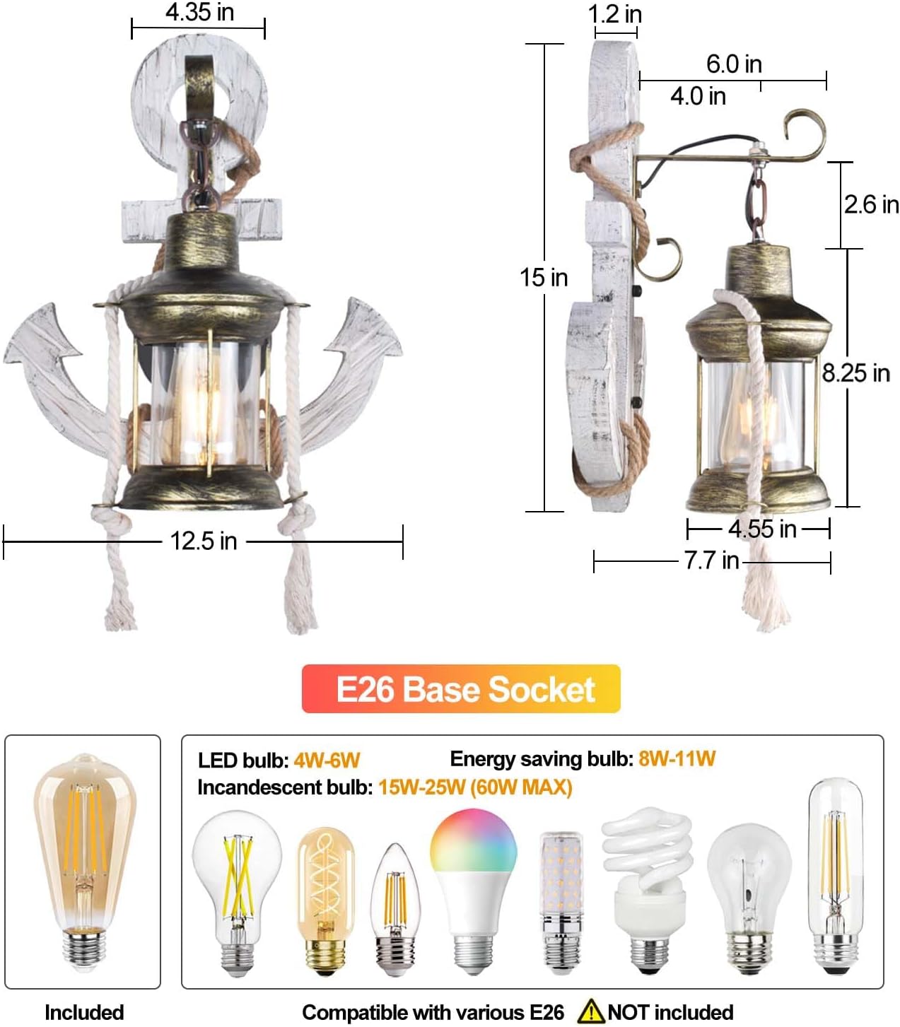 Anchor Pirate Nautical Wall Sconce Plug in or Hardwire, Indoor Antique Vintage Coastal Beach Ocean Themed Sconce Wall Light, Bedroom Rustic Wall Mount Lamp Light Fixtures (Edison Bulb Included)