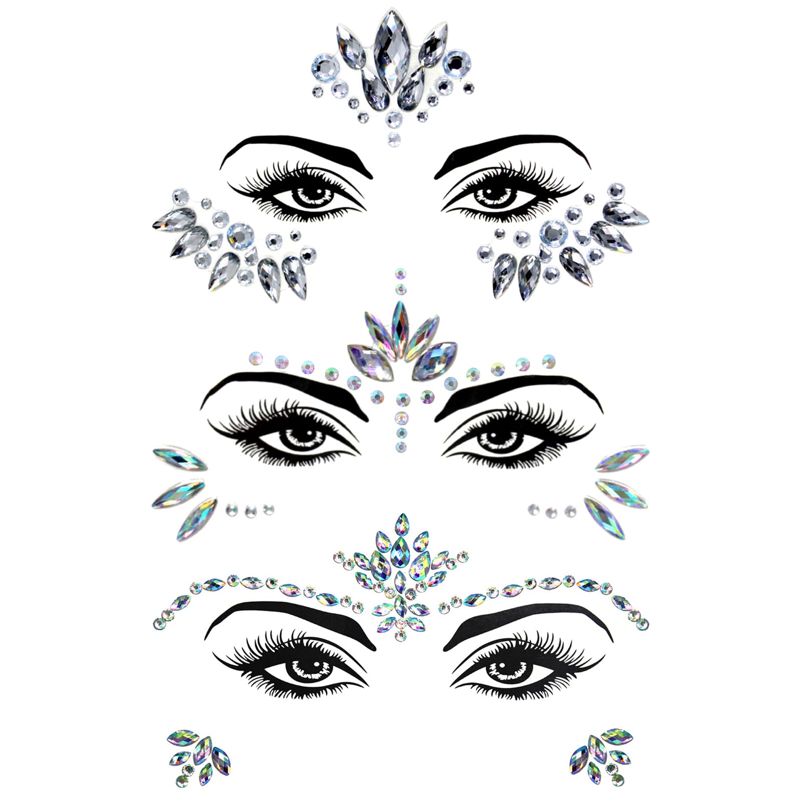 Sularpek 3 Piezas Cara de Gemas, Pegatinas Cara Brillantes Festival, Joyas de Diamantes de Imitación para Ojos, Efecto Glitter, Fiestas, Espectáculos y Maquillaje