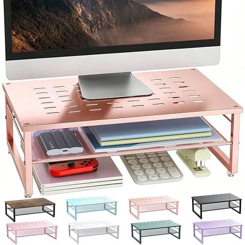 gianotter 2-Tier Metal Monitor Stand Riser | Desk Organizers and Accessories, Desk Organizer for Monitor, Office Desk Storage Organizer for Office Supplies (Rose Gold) - Rose Gold