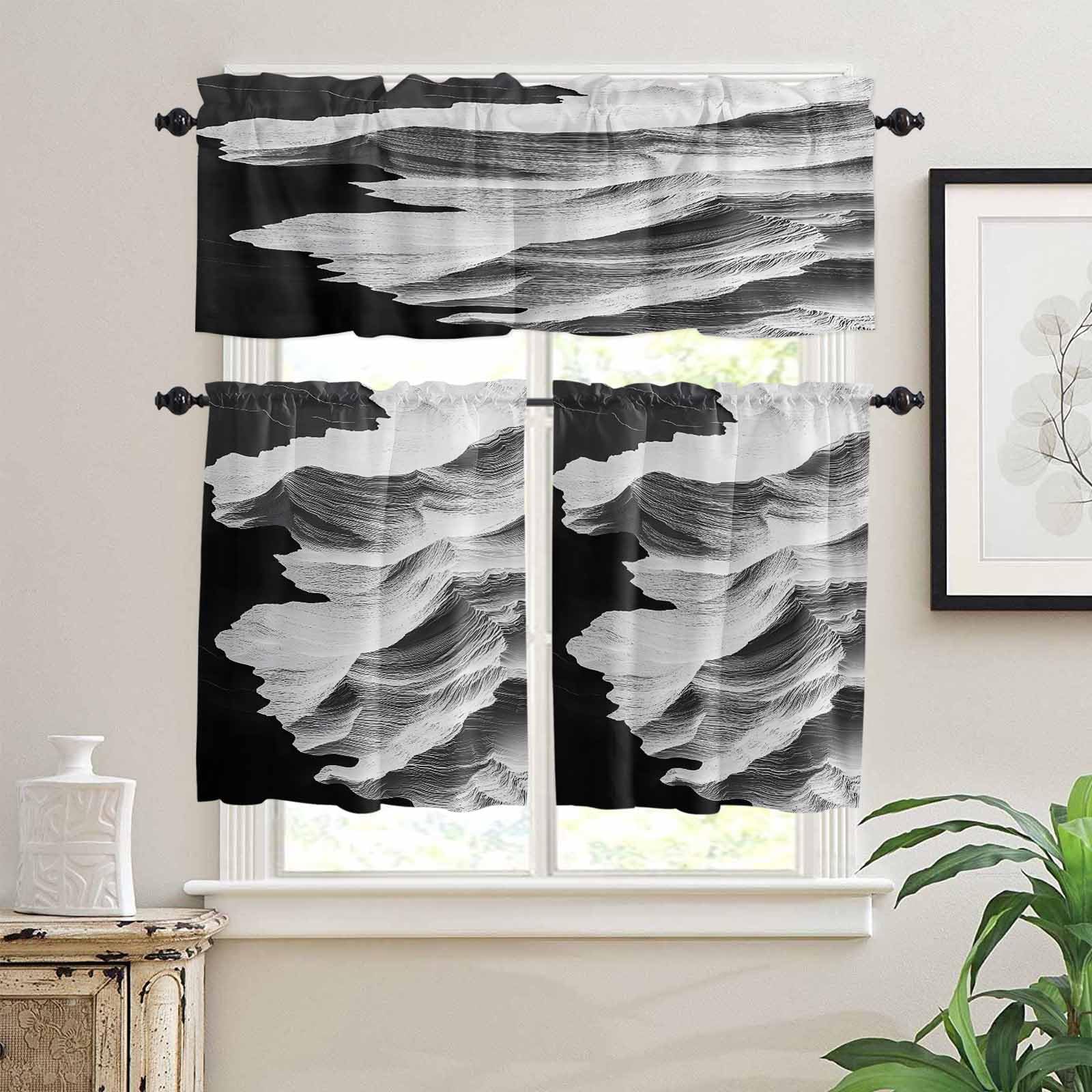 White Ocean Kitchen Curtains 36 Inch Length, 3 Piece Rod Pocket Small Half Tiers and Valance Set, Black Beach Coastal Modern Minimalist Small Large Window Treatment Decor for Bedroom/Bathroom Sink