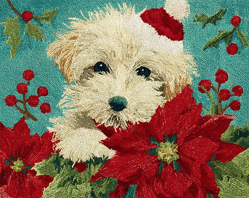Kitquiver Rug Kits for Adults Latch Hook Pre Printed Christmas Puppy Glory Flowers DIY Crafts Crochet Yarn Handmade Embroidery with Printed Canvas Needlework for Home Decor 15X20In